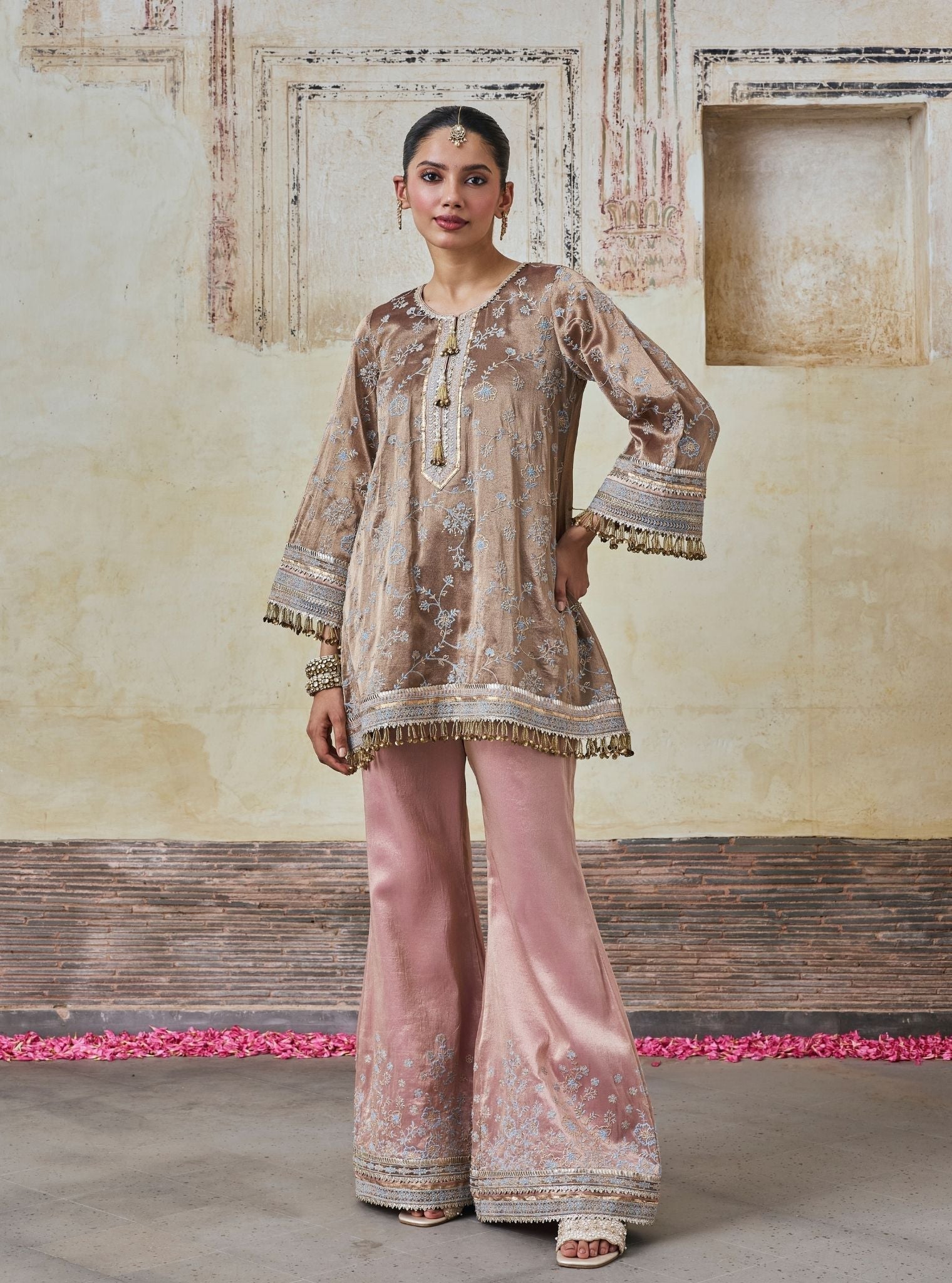 Odhira Tissue Organza Brown & Pink Kurta Set