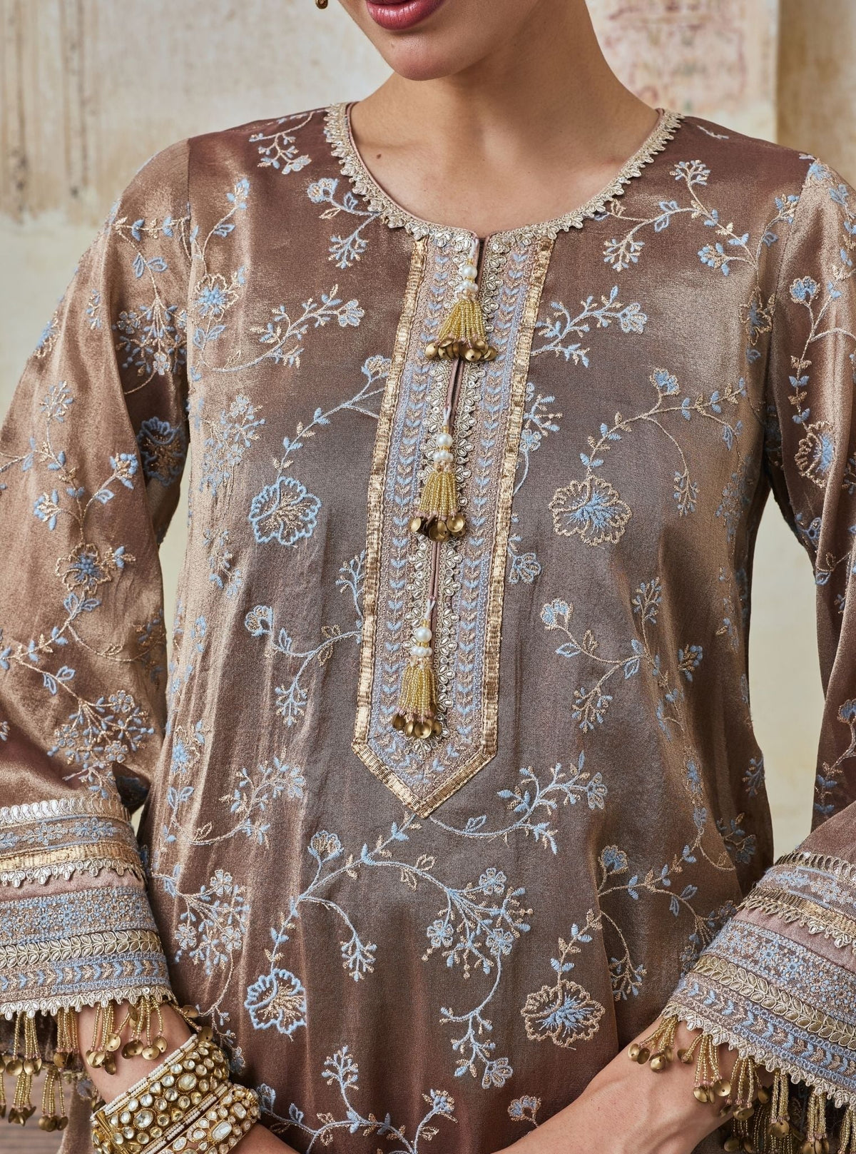 Odhira Tissue Organza Brown & Pink Kurta Set