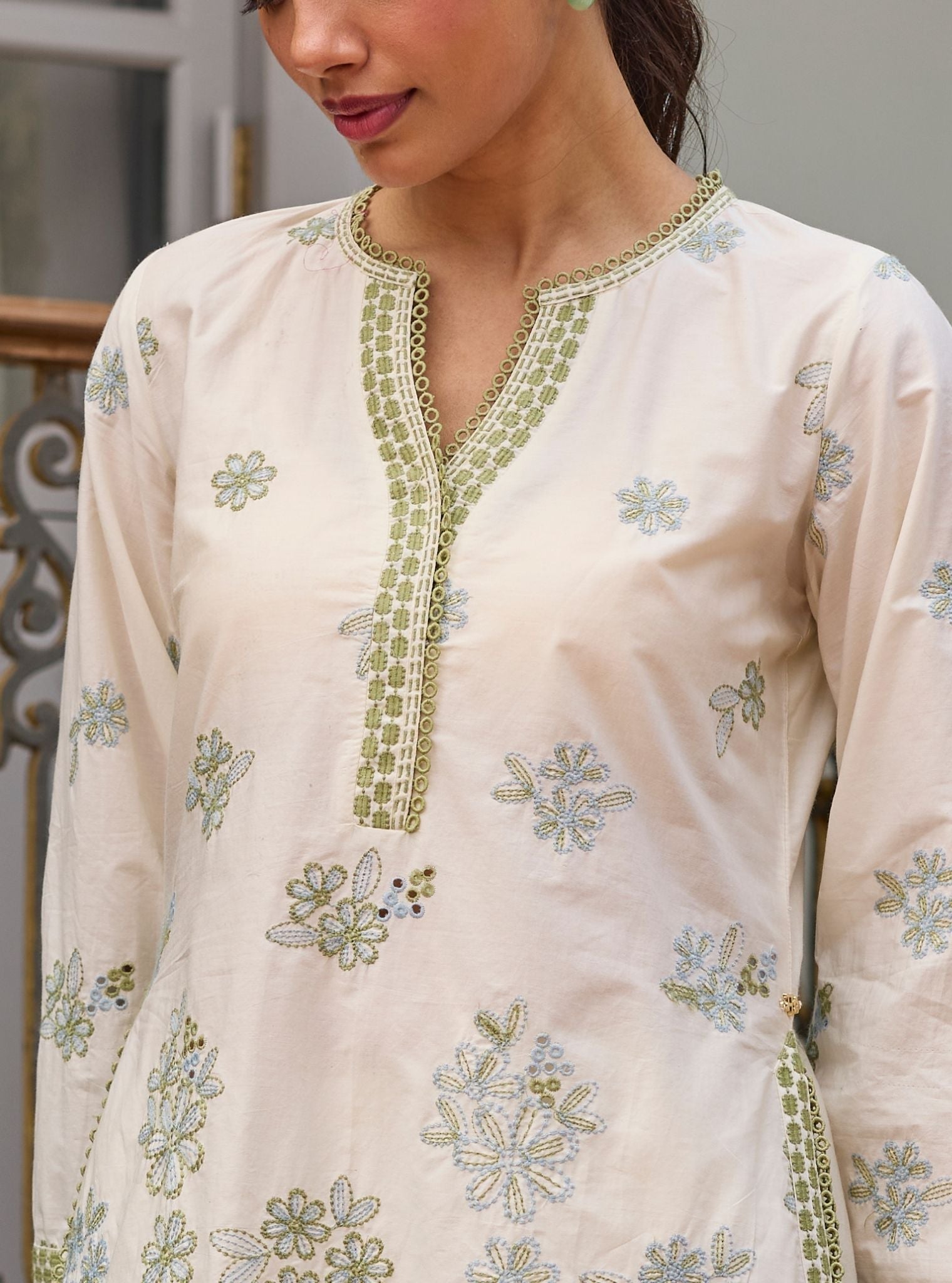 Kalani Supima Cotton Off White & Green Top Set
