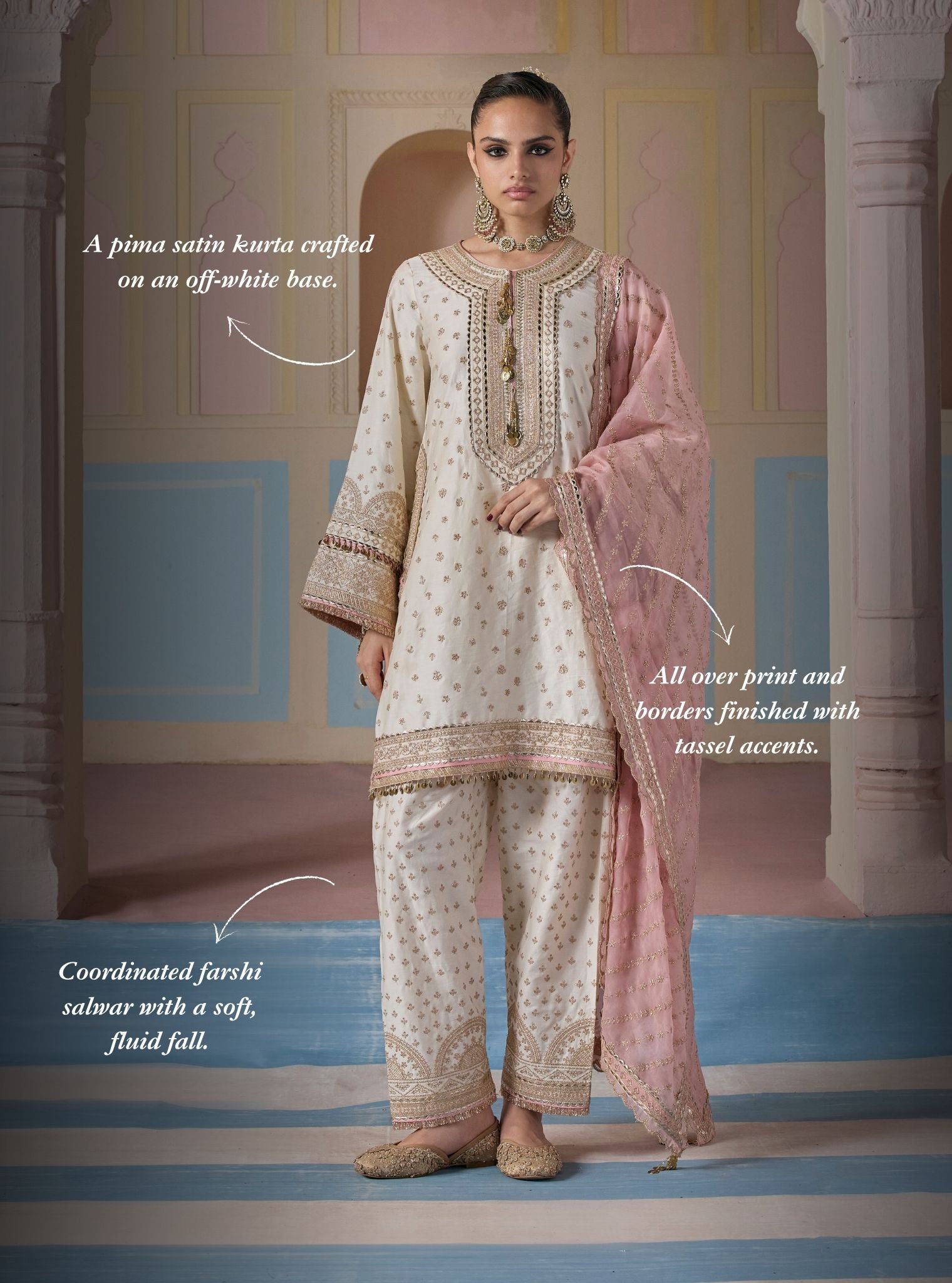 Sairi Pima Satin Off White Short Kurta Set