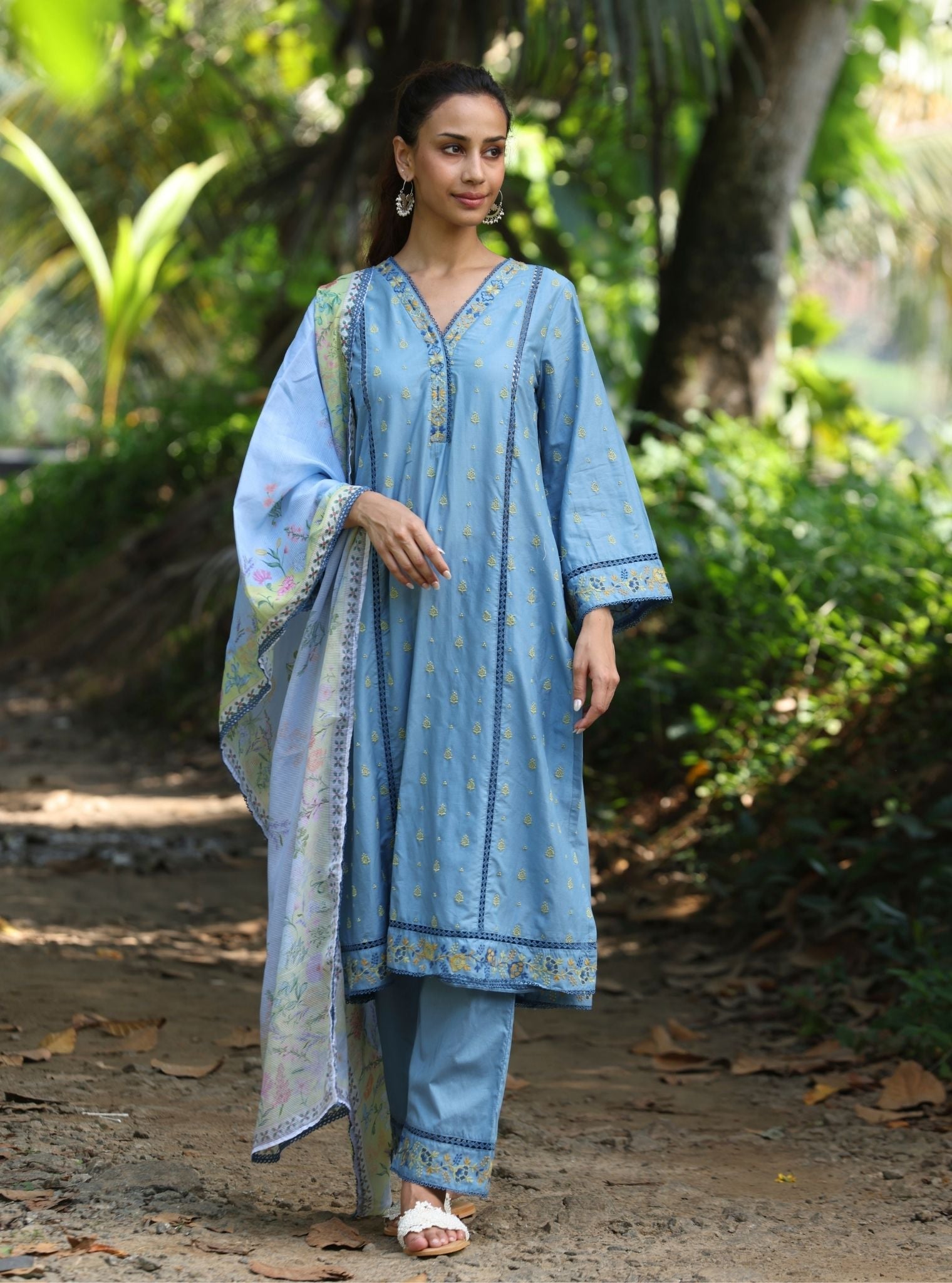 Mulmul Cotton Shira Denim Anarkali Kurta With Mulmul Cotton Shira Denim Pant
