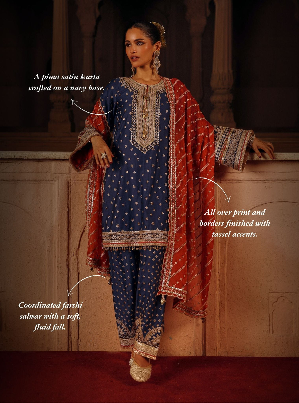 Sairi Pima Satin Navy Short Kurta Set