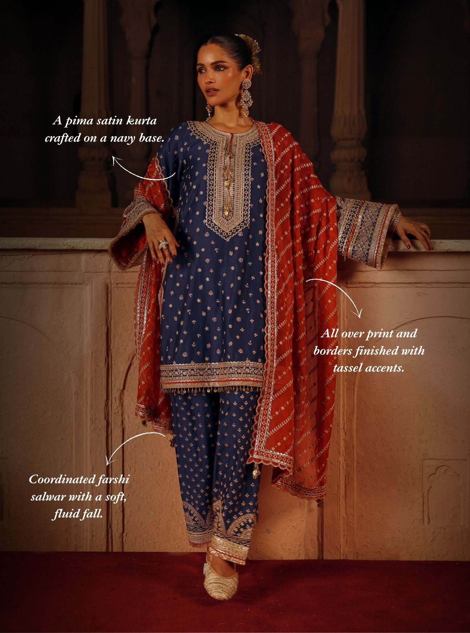 Sairi Pima Satin Navy Short Kurta Set
