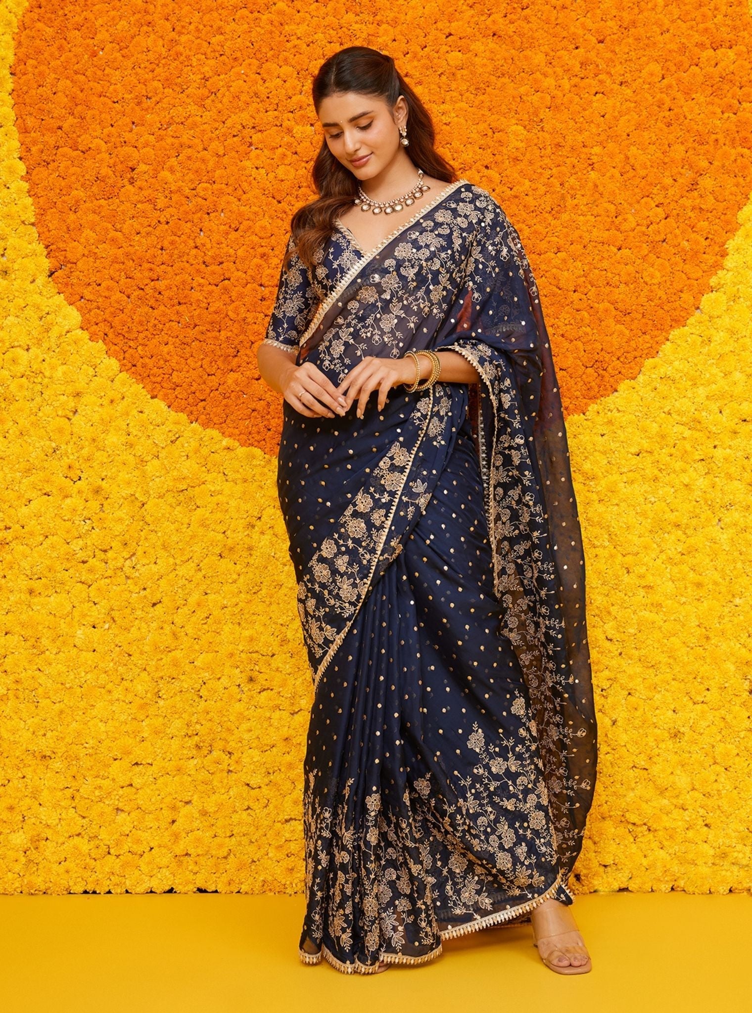 Mulmul Organza Jigar Navy Saree