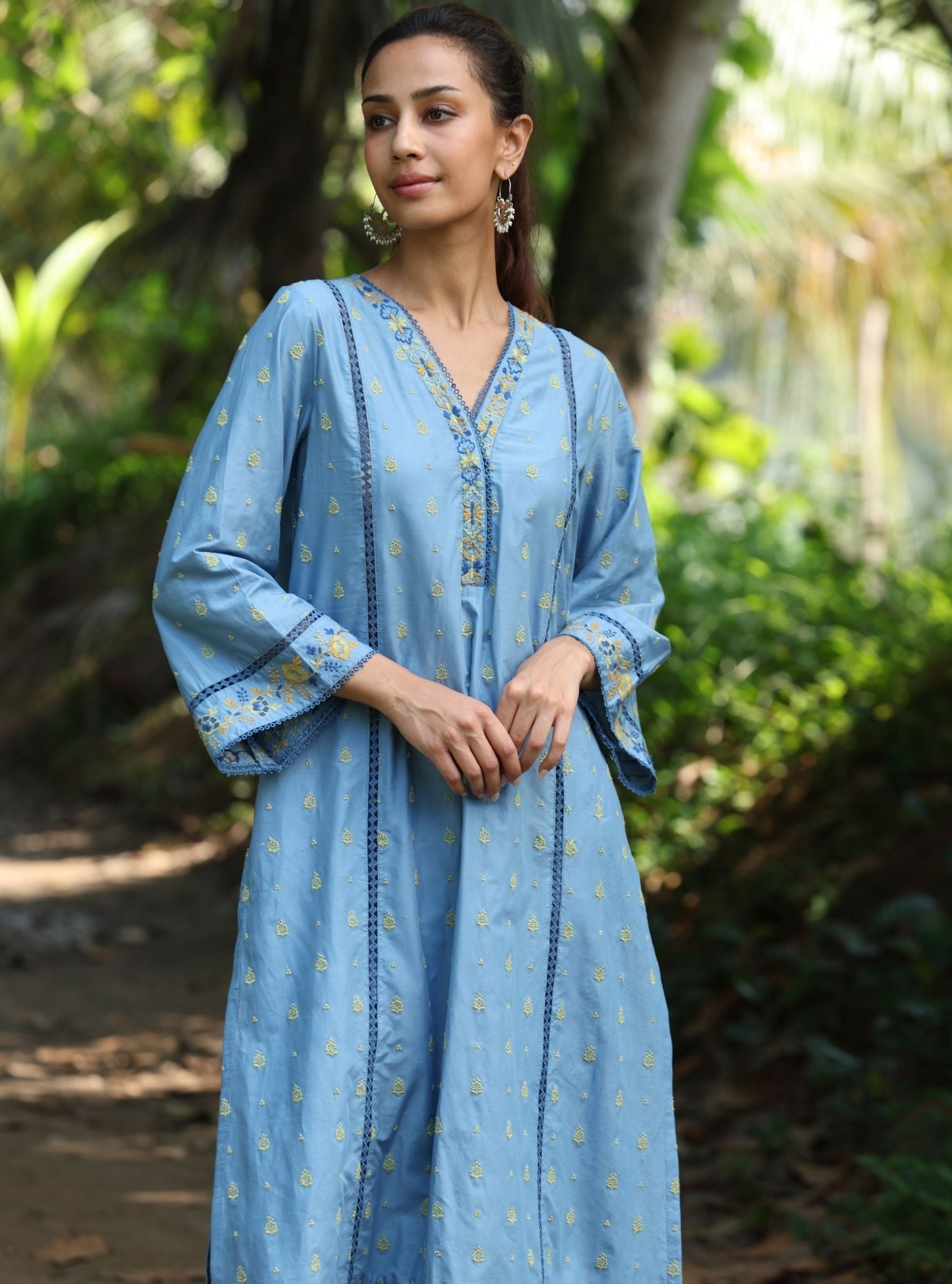 Mulmul Cotton Shira Denim Anarkali Kurta With Mulmul Cotton Shira Denim Pant