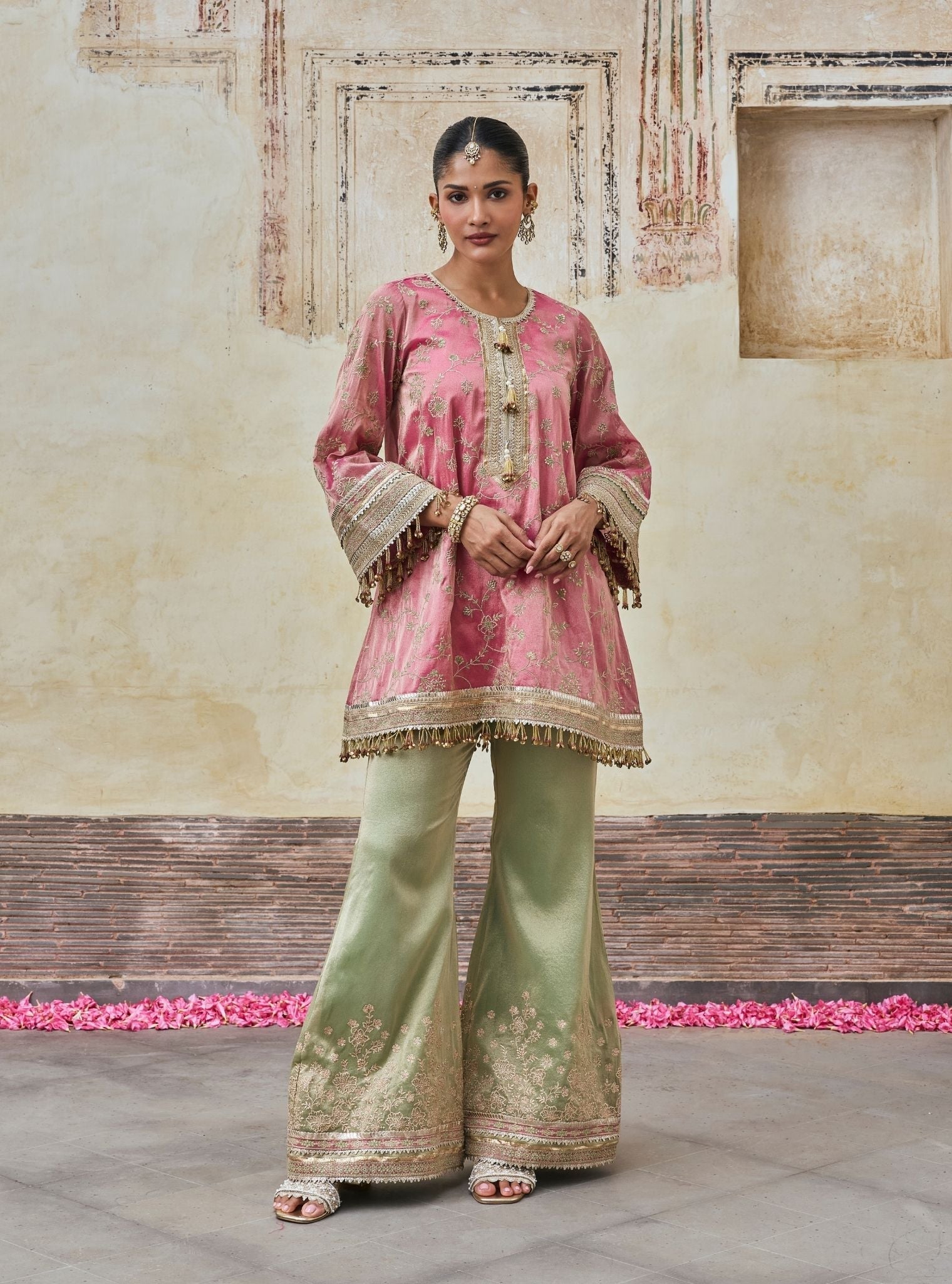Odhira Tissue Organza Fuchsia & Green Sharara Set