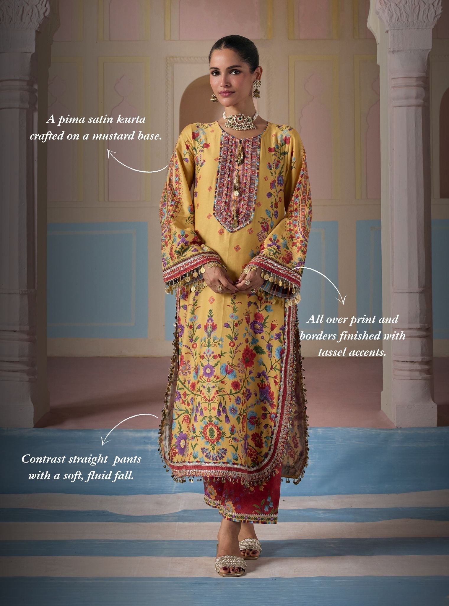 Sangi Pima Satin Printed Mustard Long Kurta Set