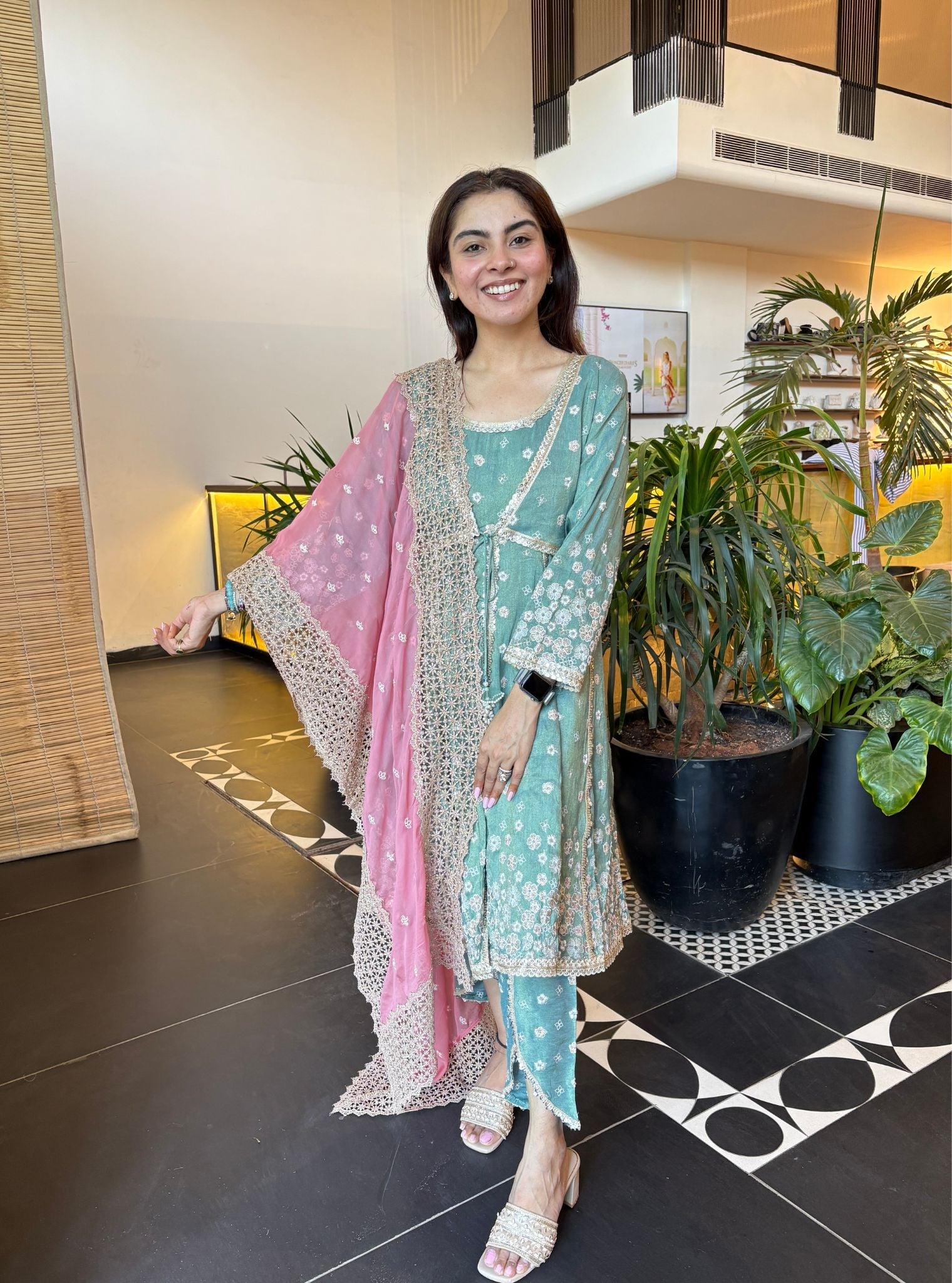 Sajeya Tissue Satin Teal Blue Anarkali Kurta Set