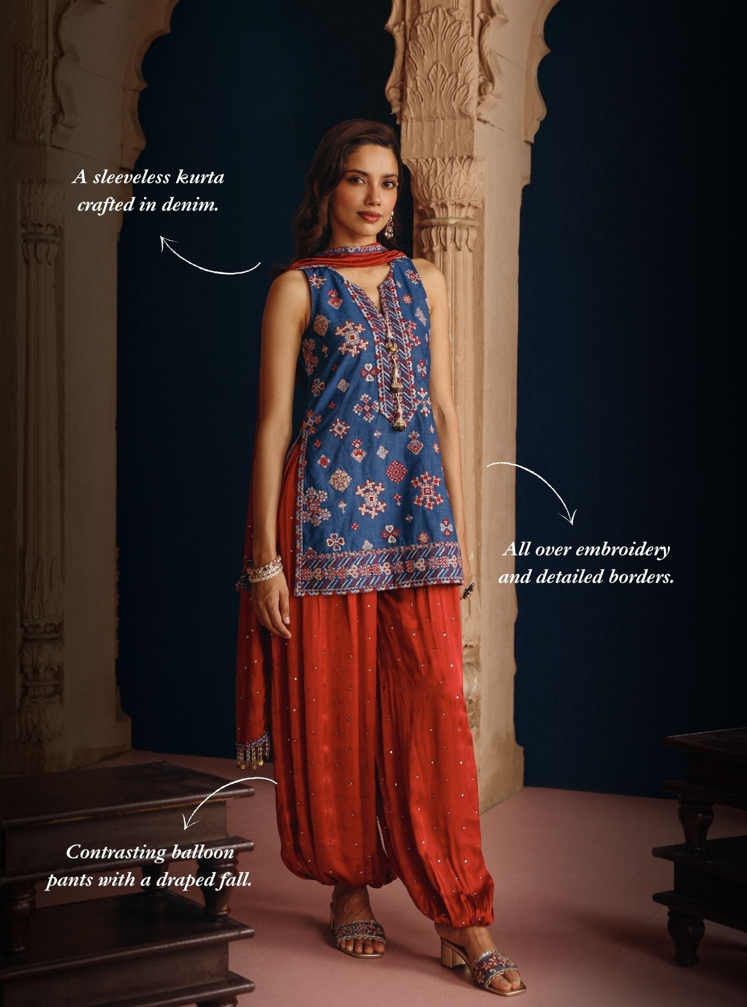Bhuvi Denim Short Kurta with Balloon Pants