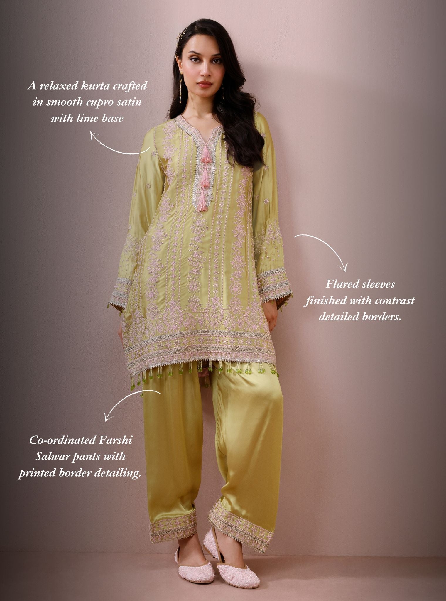 Zuri Cupro Satin Lime Kurta With Farshi Salwar