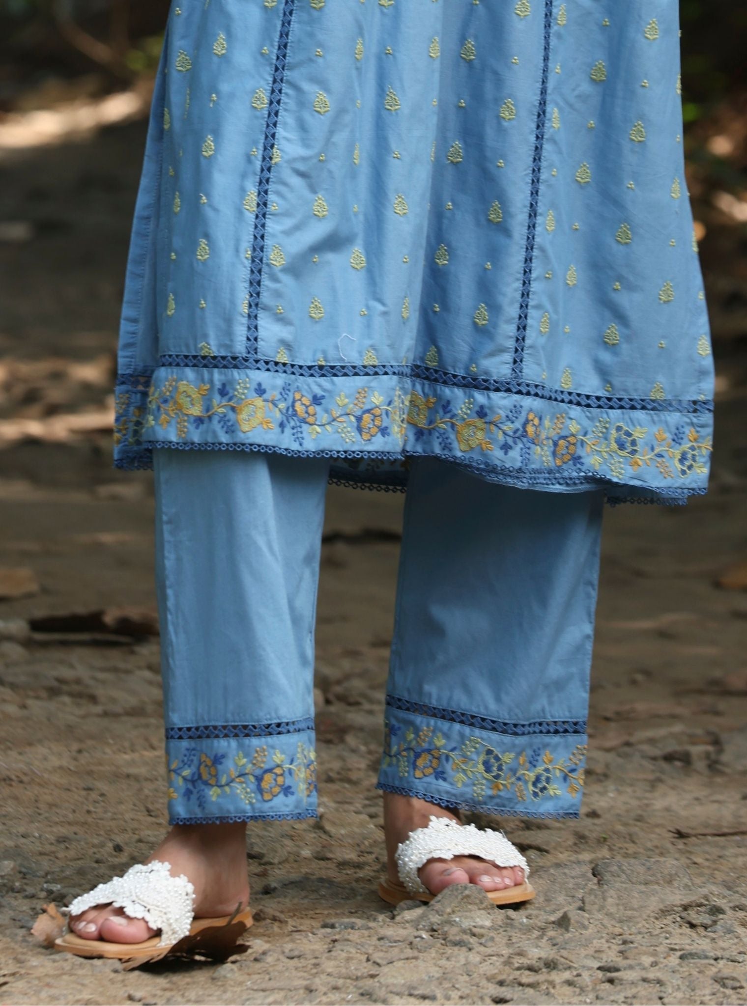 Mulmul Cotton Shira Denim Anarkali Kurta With Mulmul Cotton Shira Denim Pant