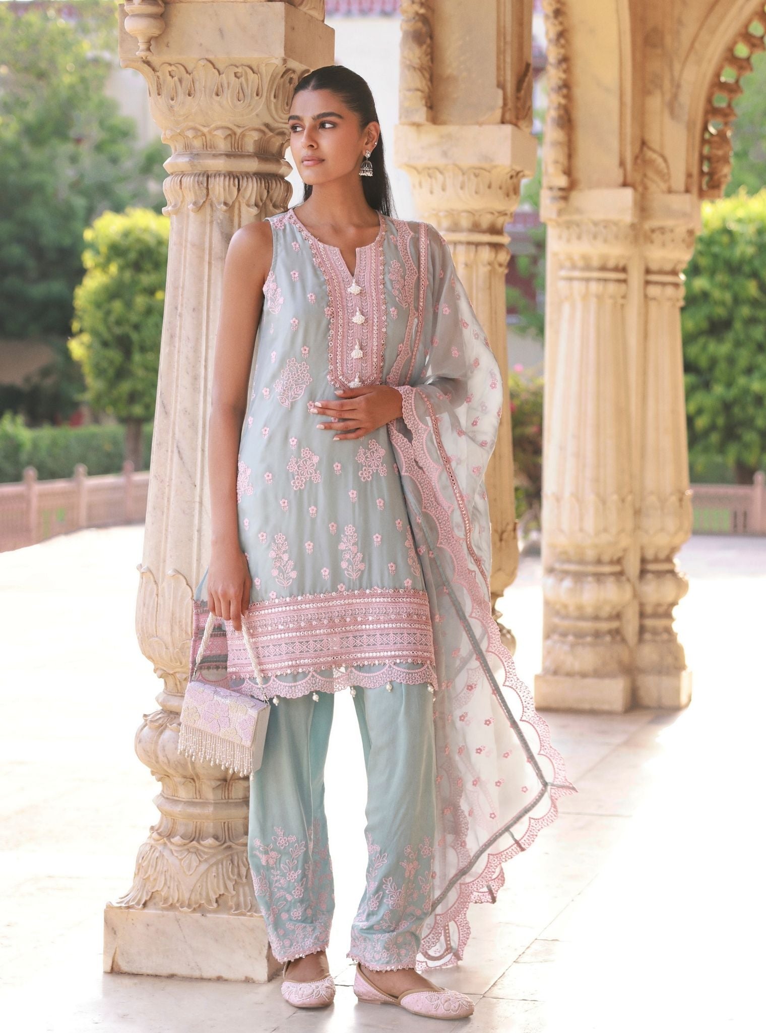 Mulmul Organza Taveli Off White Blue Dupatta