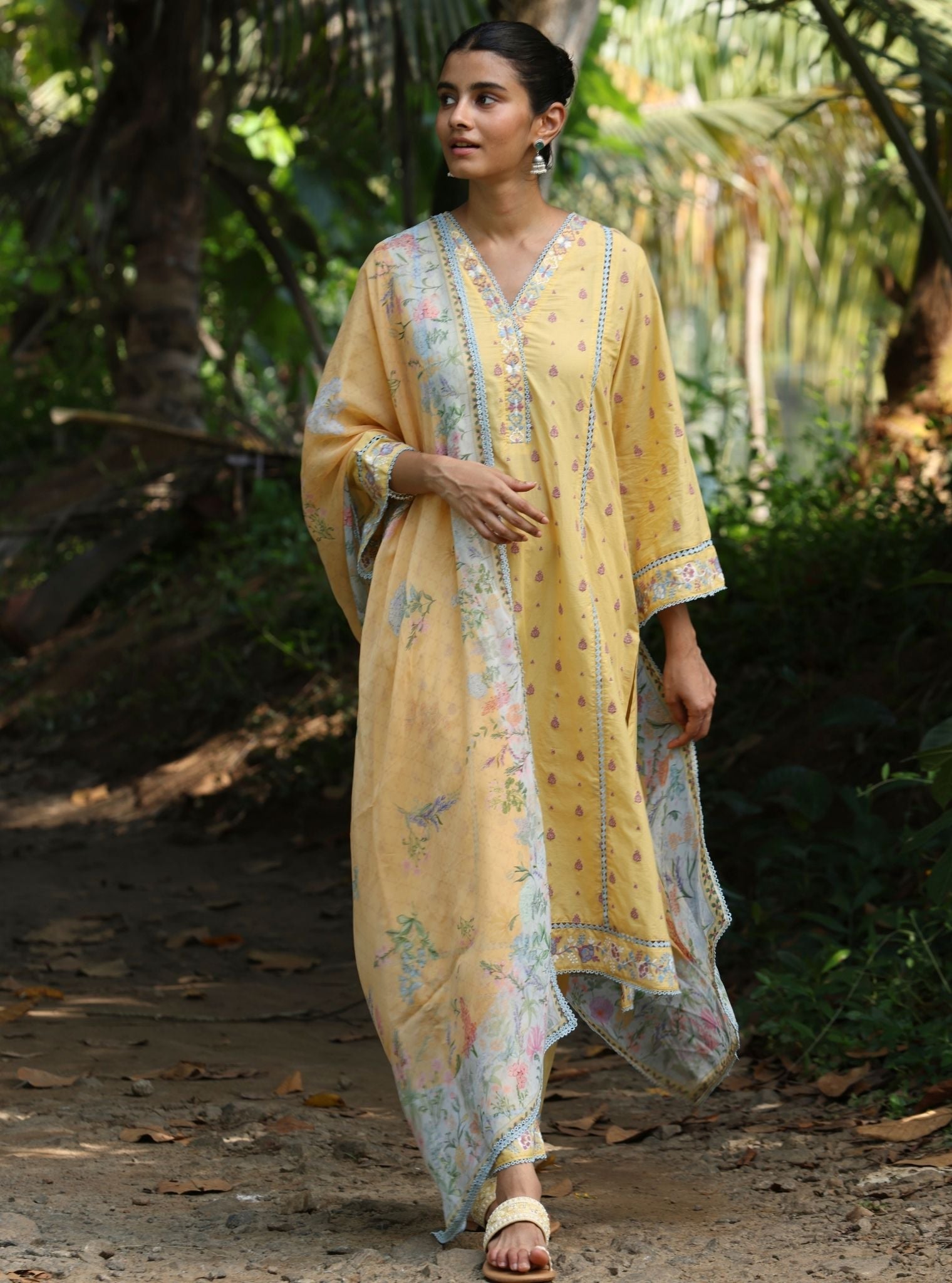 Mulmul Cotton Shira Yellow Anarkali Kurta With Mulmul Cotton Shira Yellow Pant