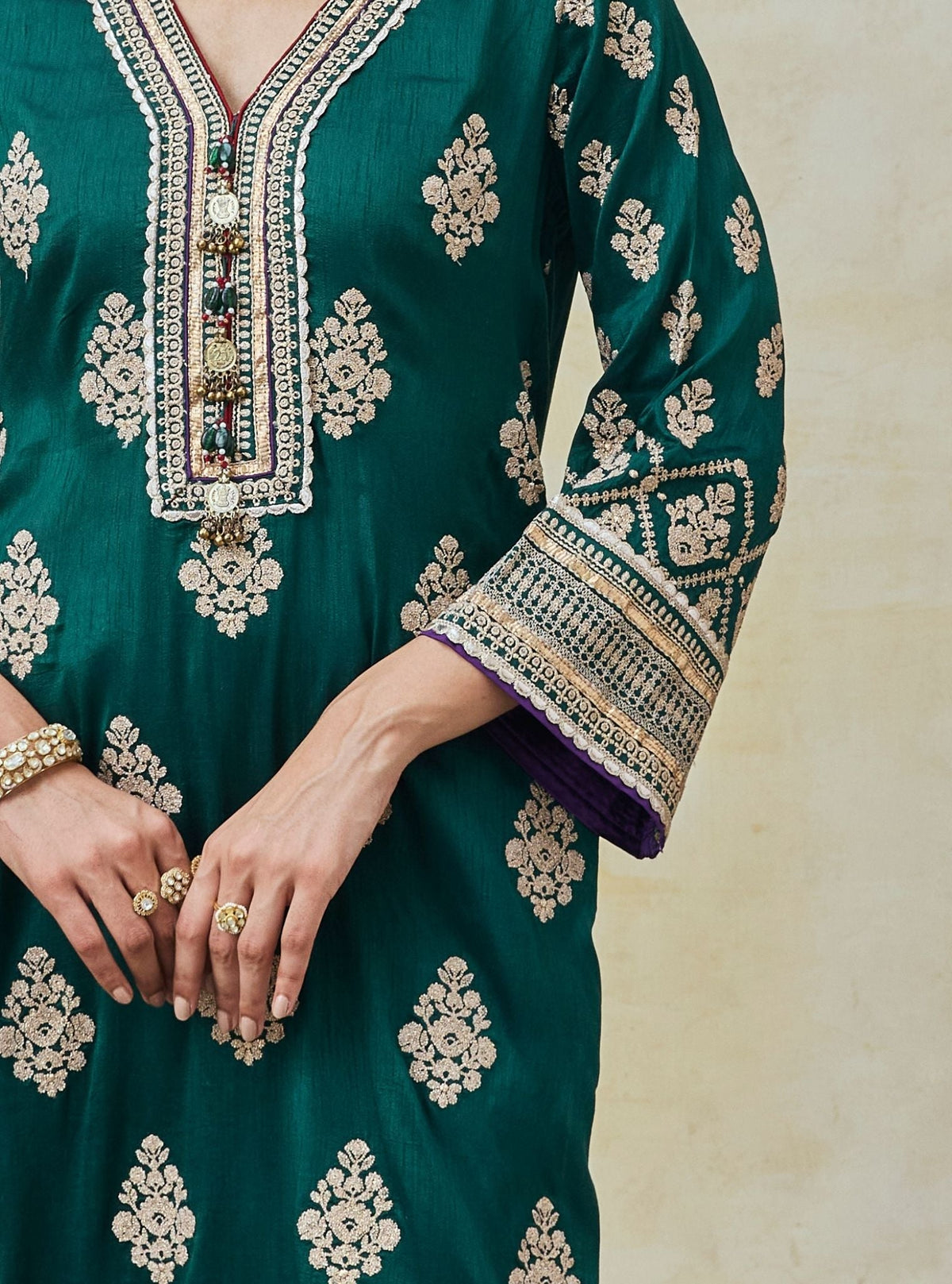 Bairi Bemberg Raw Silk Emerald Green Kurta Set