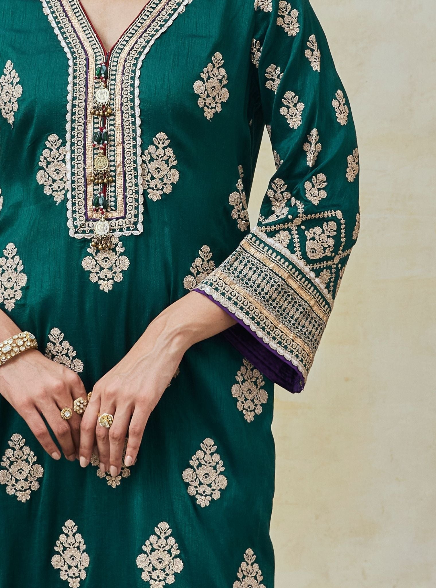 Bairi Bemberg Raw Silk Emerald Green Kurta Set