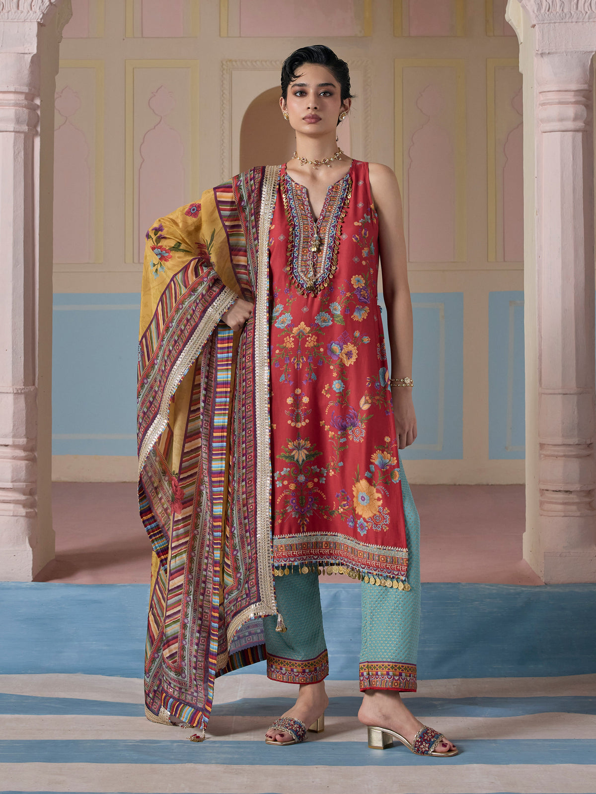 Kair Pima Satin Printed Red Kurta Set