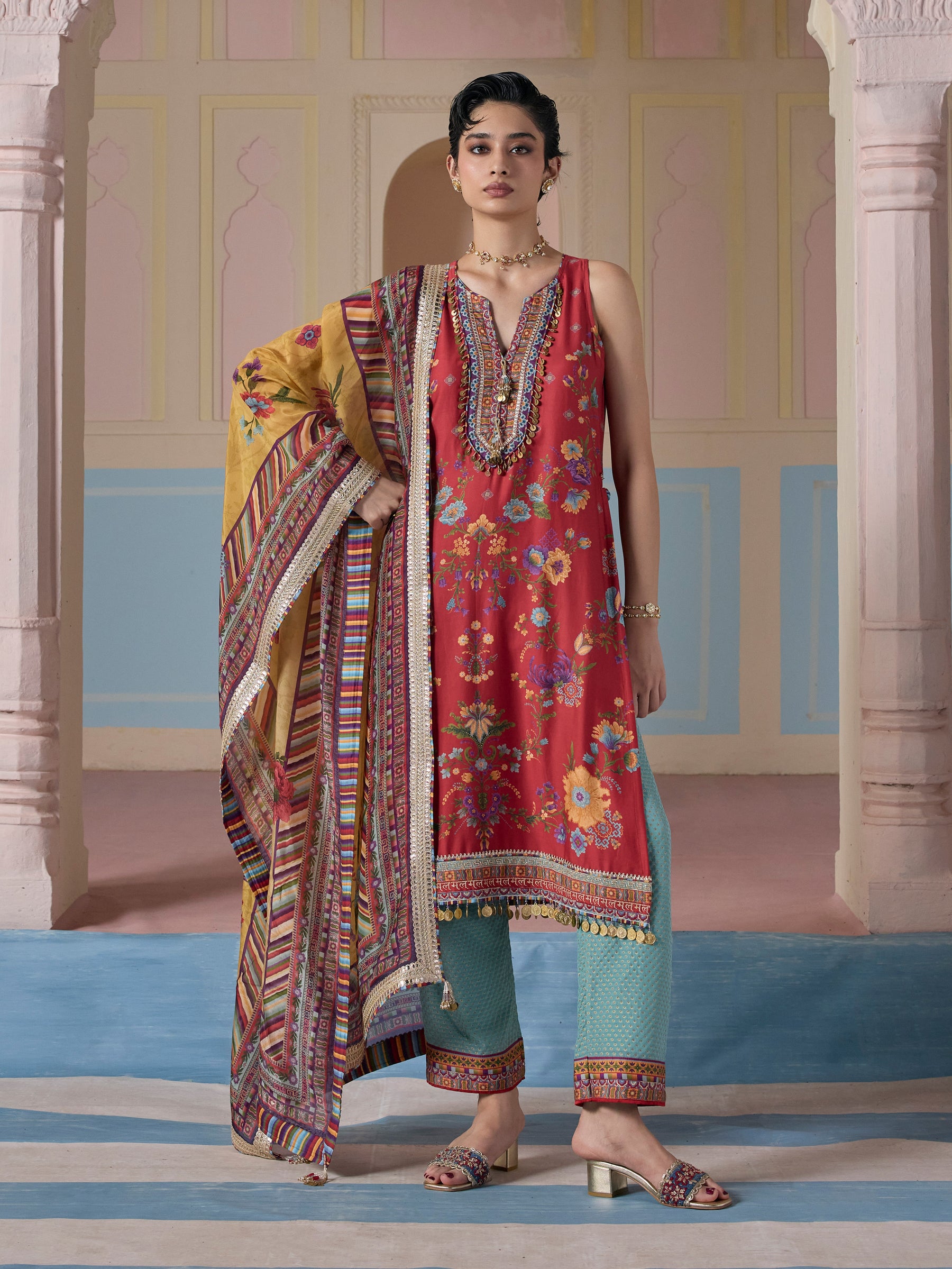 Kair Pima Satin Printed Red Kurta Set