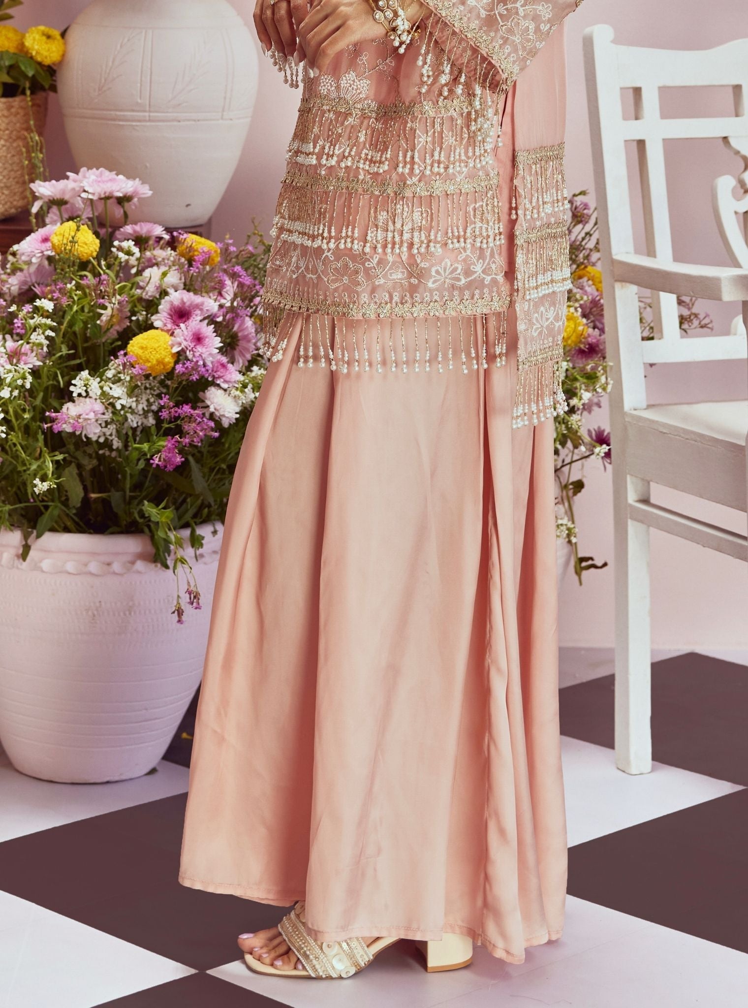 Mulmul Organza Raag Pink Kurta With Mulmul Cupro Satin Raag Pink Sharara