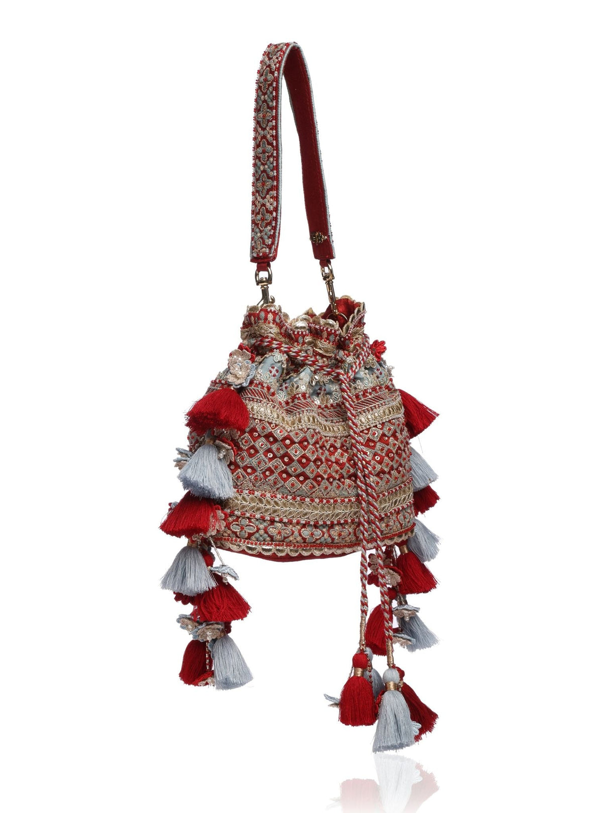 Shade of Sky Red & Blue Tassel Potli Bag