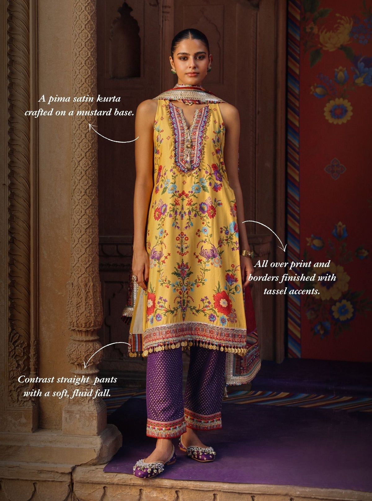 Kair Pima Satin Printed Mustard Kurta Set