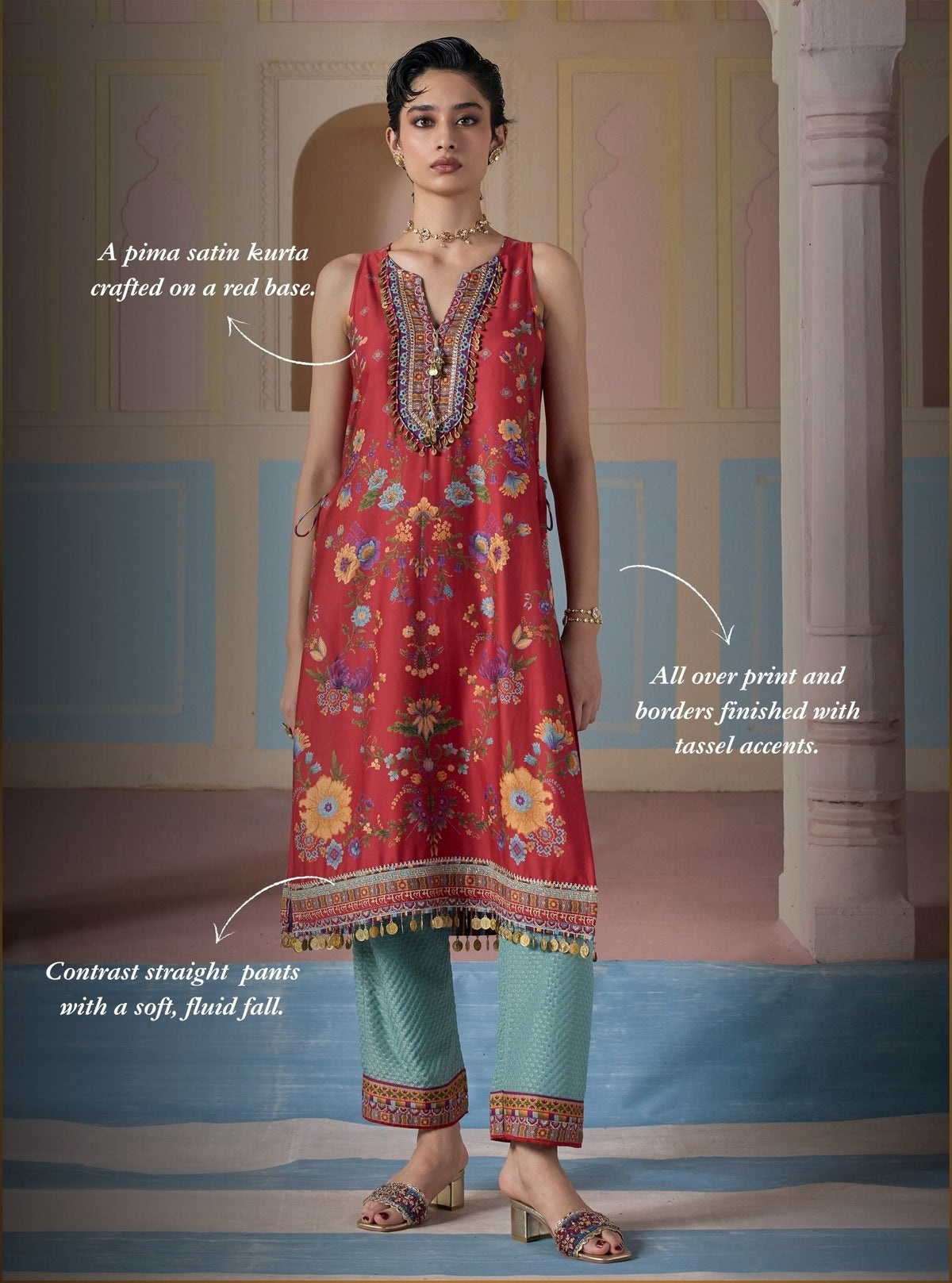 Kair Pima Satin Printed Red Kurta Set