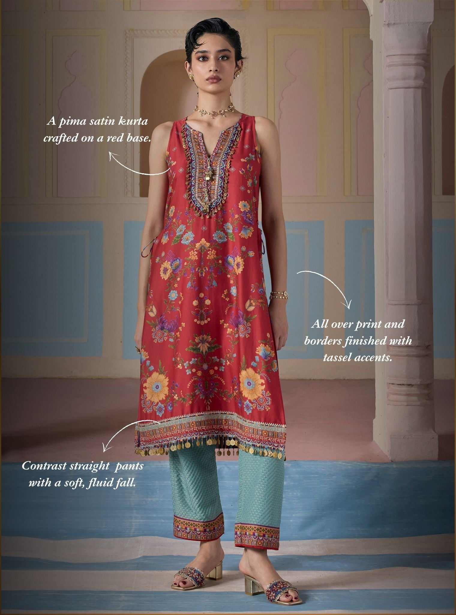 Kair Pima Satin Printed Red Kurta Set