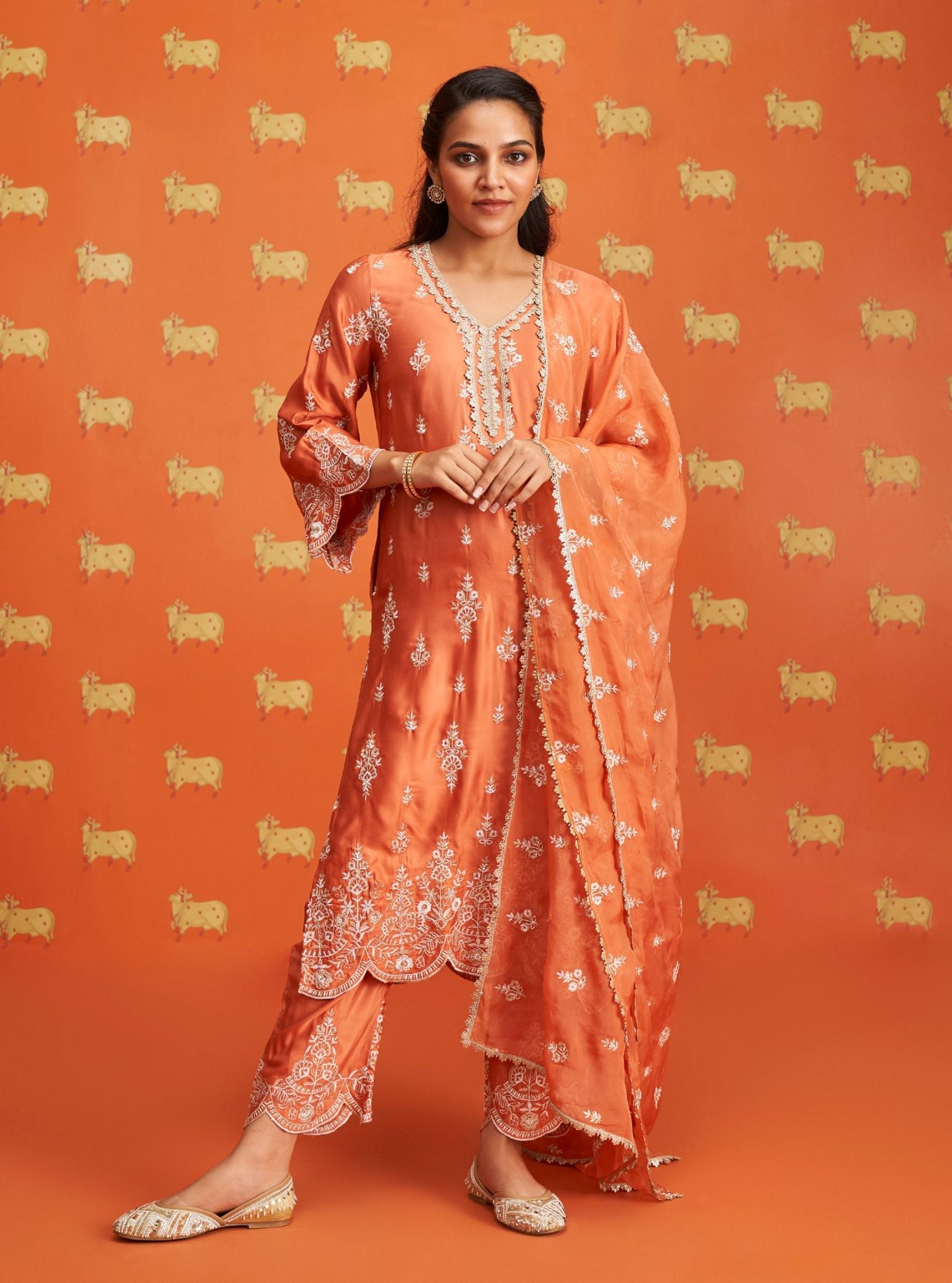 Emon Cupro Satin Burnt Orange Kurta Set