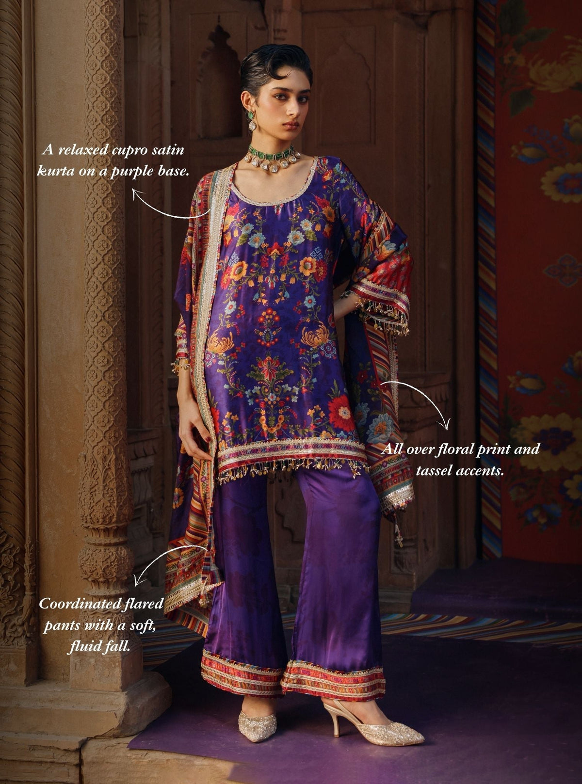 Gheva Cupro Satin Printed Purple Kurta Set