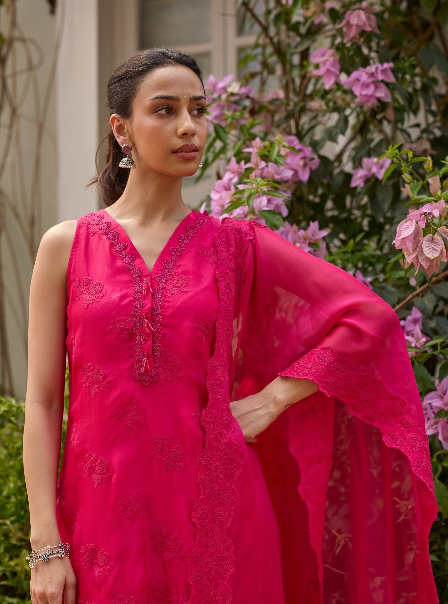 Tiki Organza Fuchsia Kurta Set