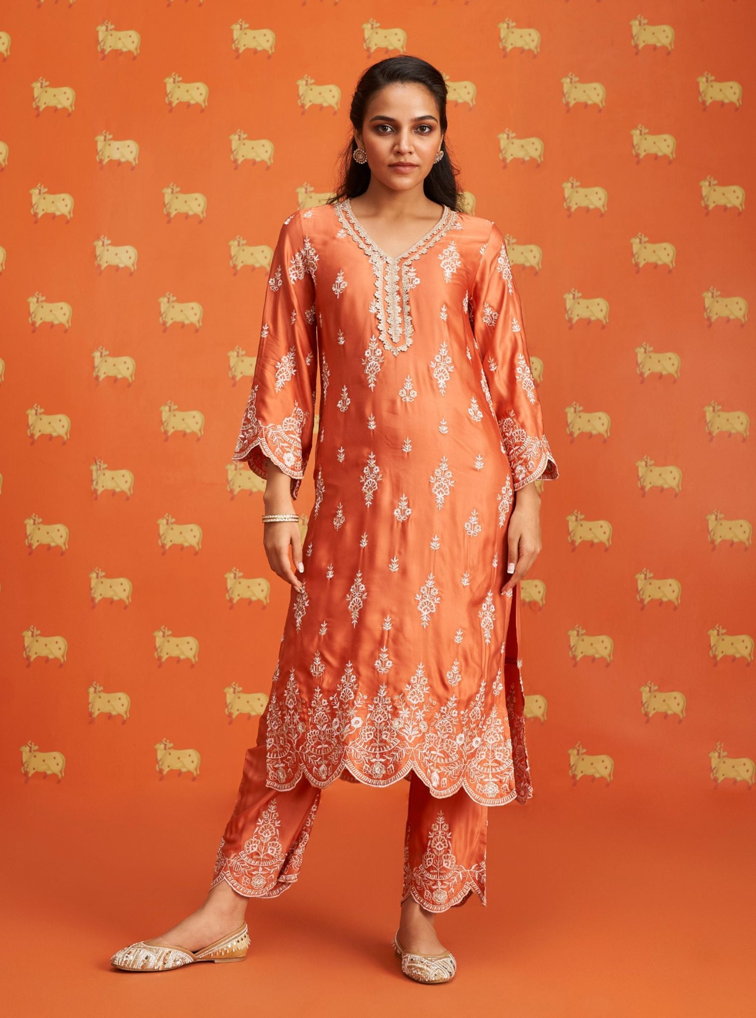 Emon Cupro Satin Burnt Orange Kurta Set