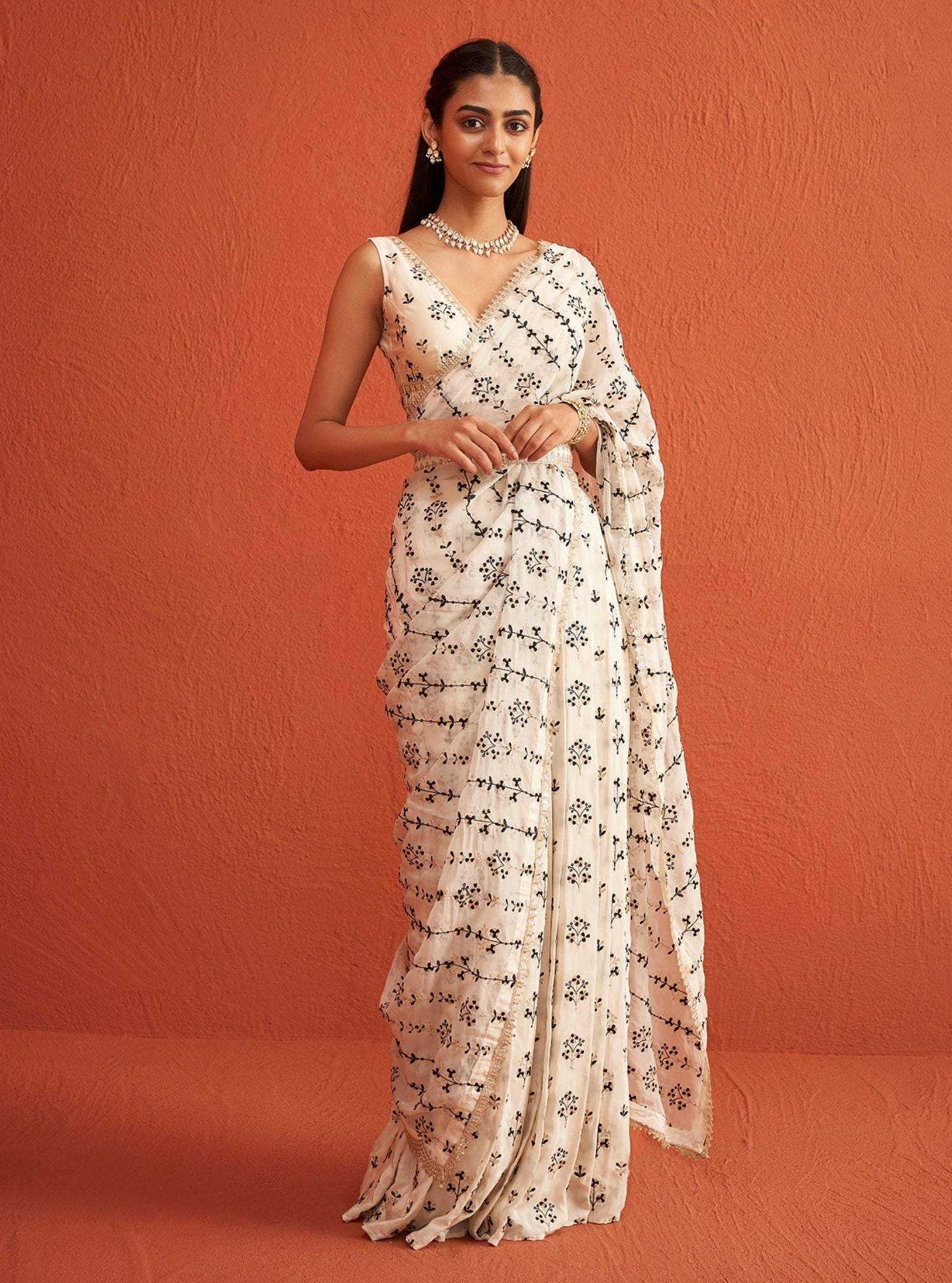 Sohneya Organza + Crepe Off White Saree