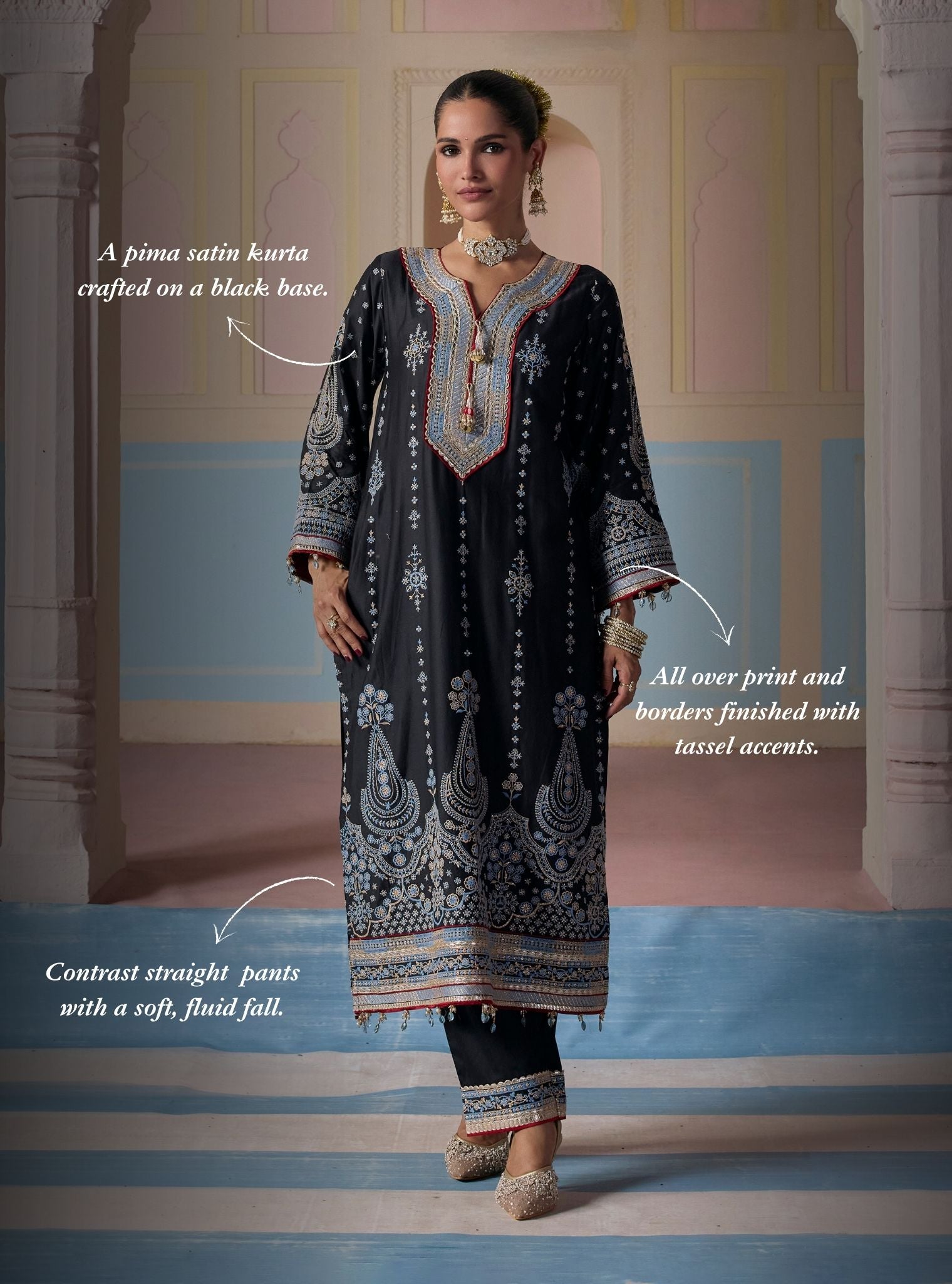 Ovee Pima Satin Black Long Kurta Set