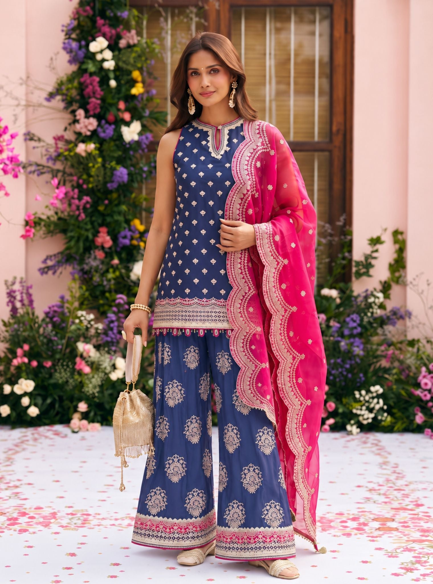 Sugandh Pima Satin Blue Kurta With Farshi Salwar
