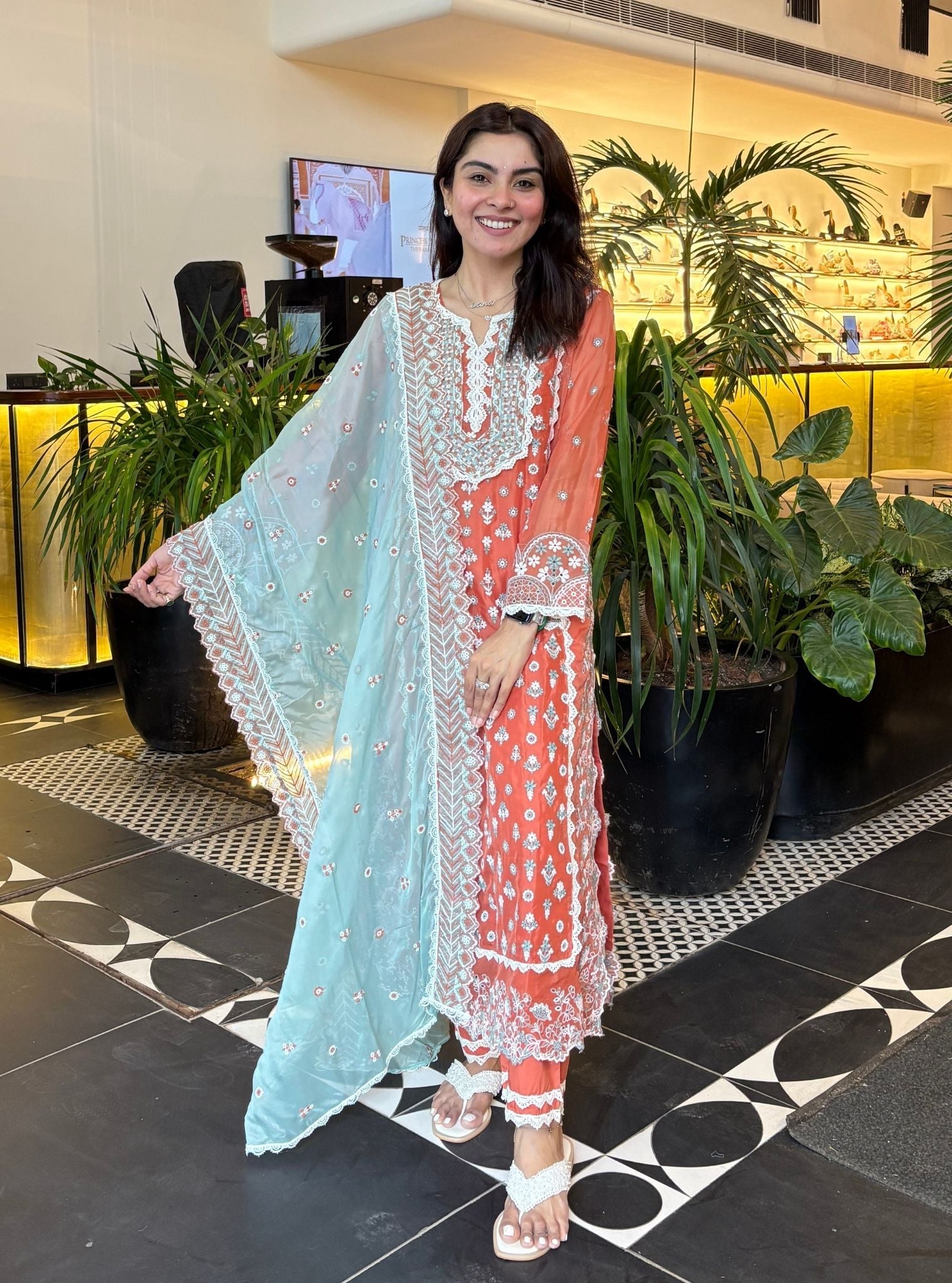 Kovalam Organza Terracotta Kurta Set