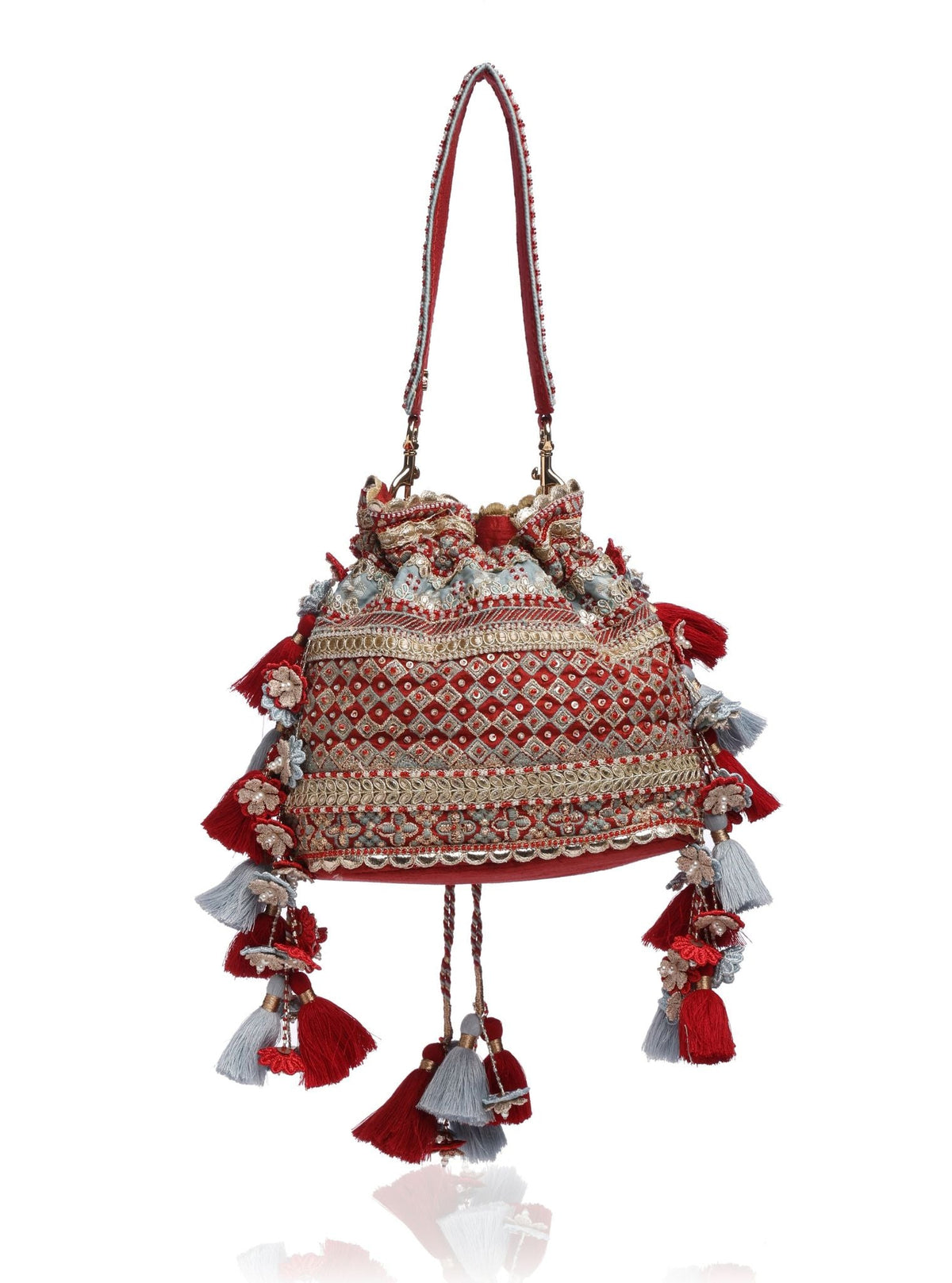 Shade of Sky Red & Blue Tassel Potli Bag