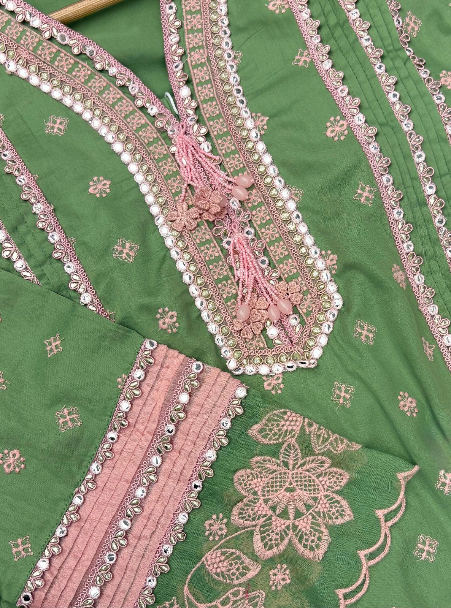 Pira Pima Satin Parrot Green Kurta Set