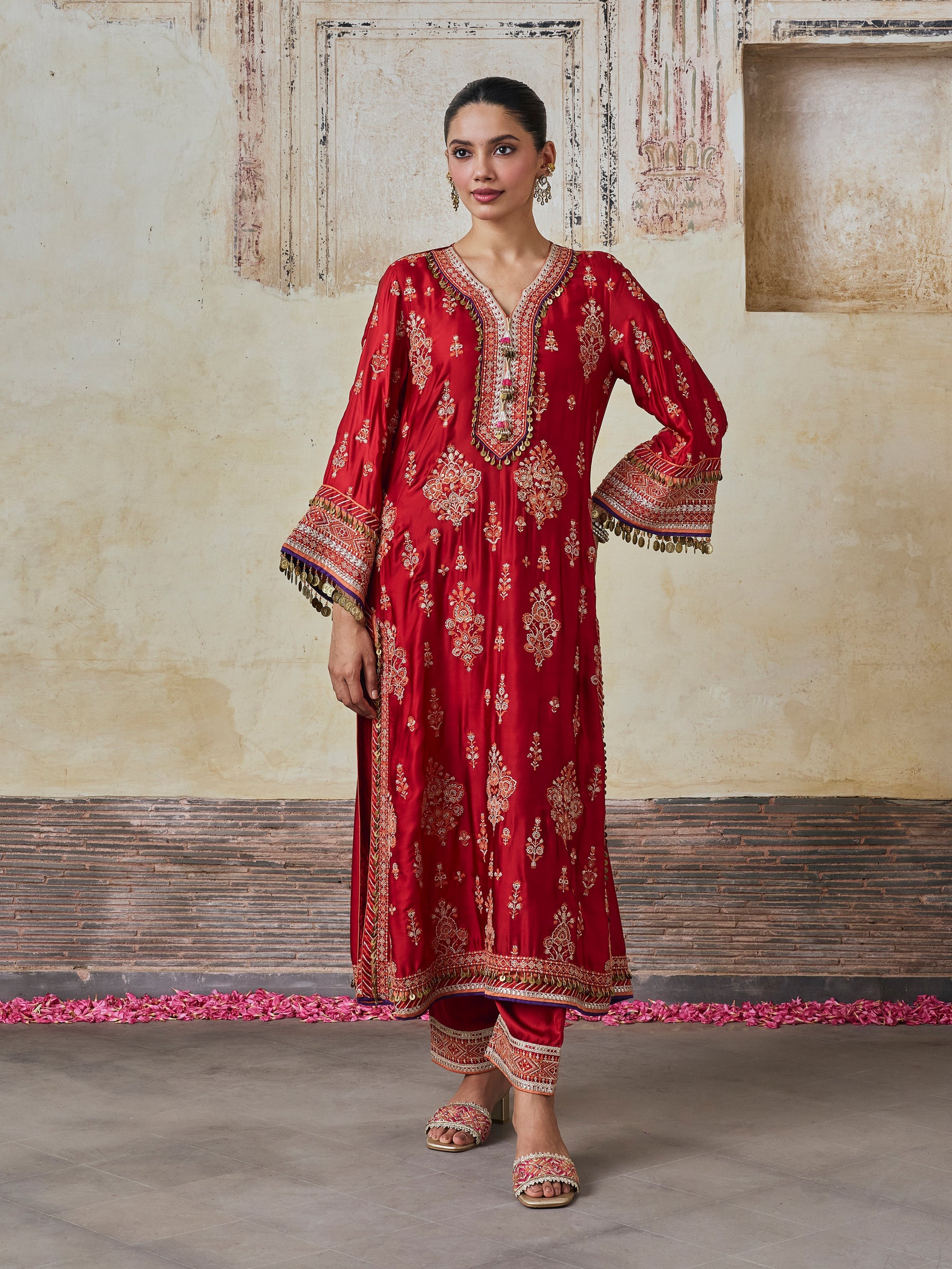 Koyal Cupro Satin Red Kaftan Set