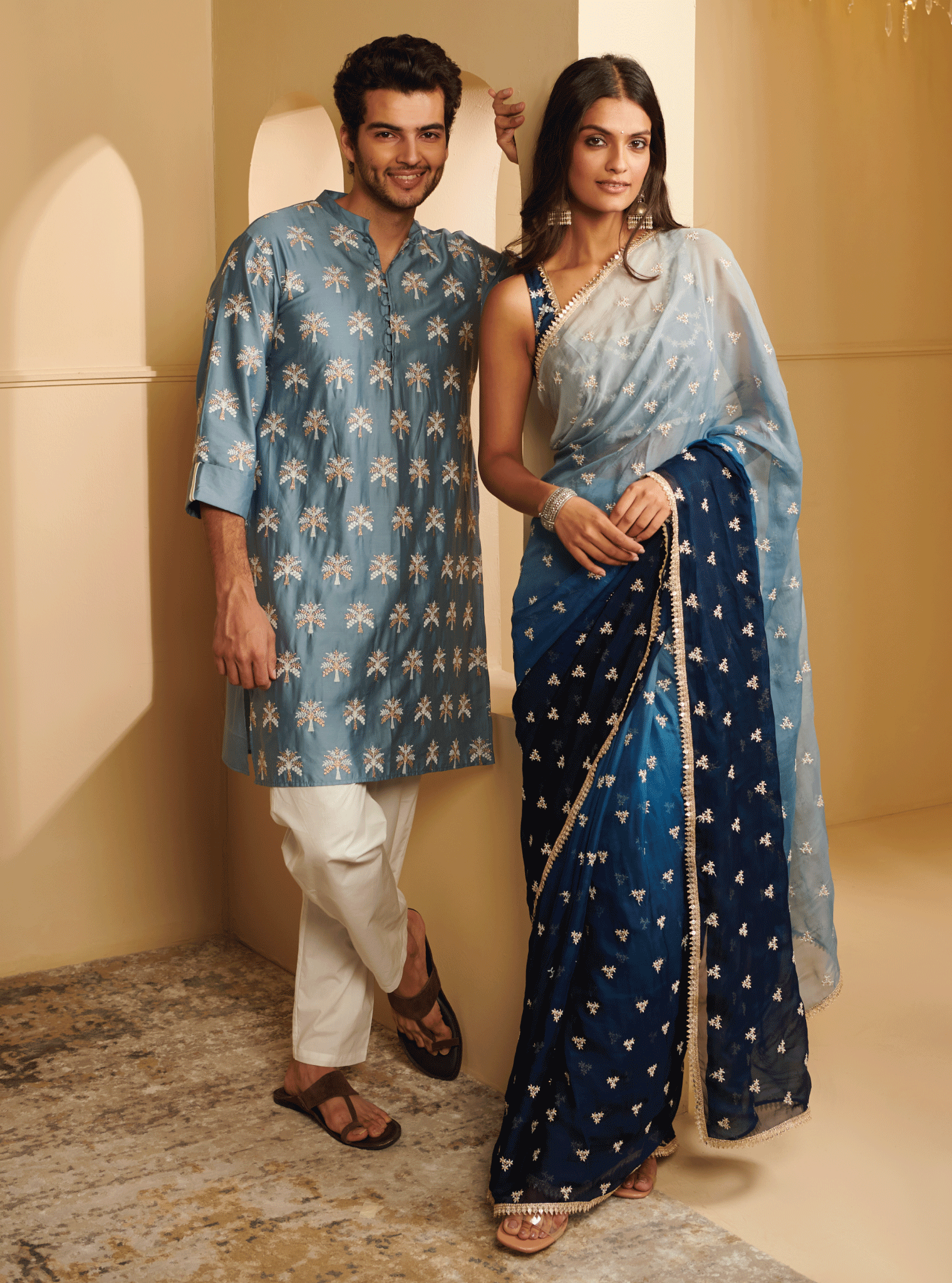 Mulmul Pima Satin Neo Denim Kurta With Mulmul Supima Cotton Neo White Pyajama