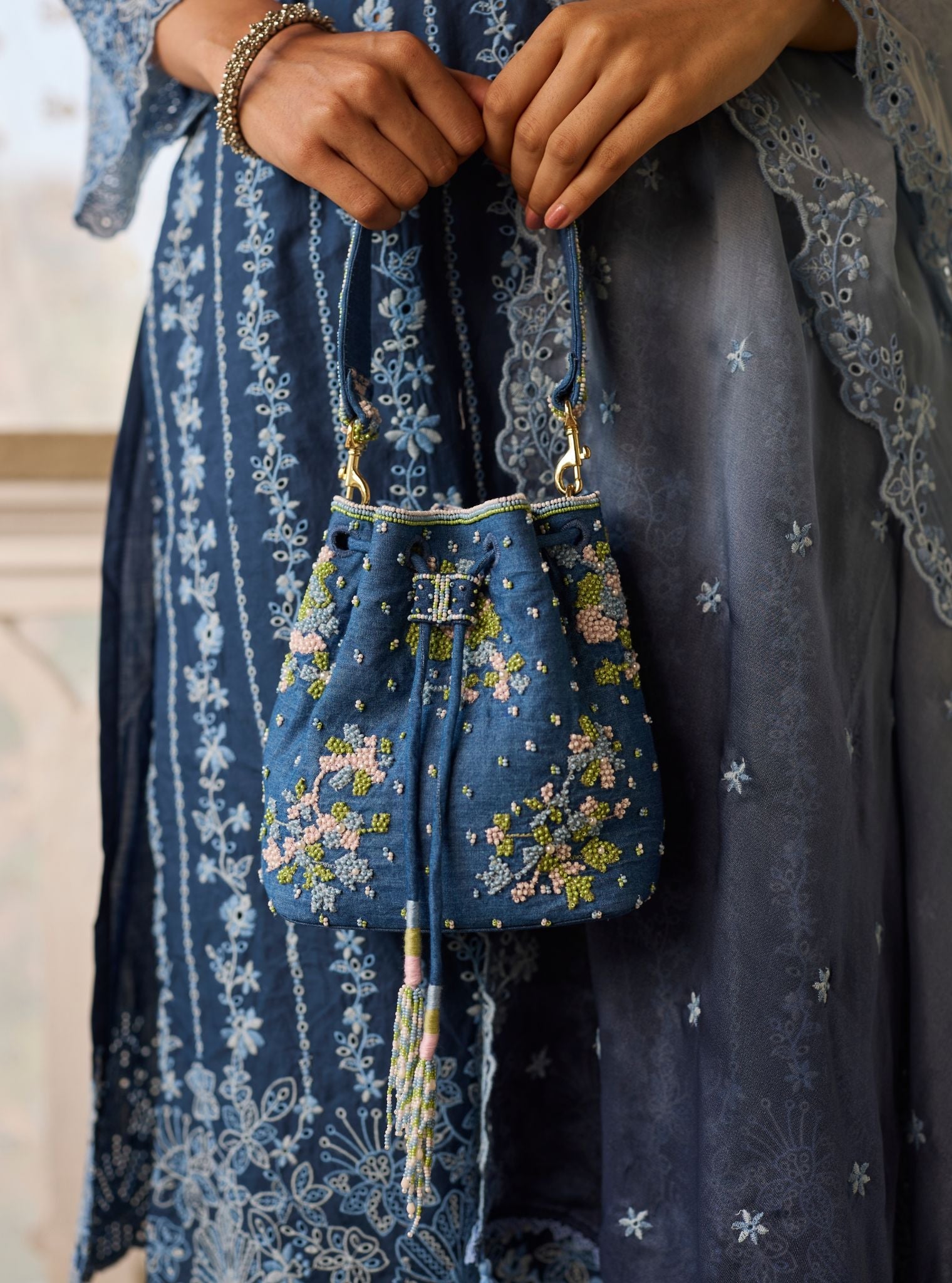 Zara Denim Multi Colour Potli Bag