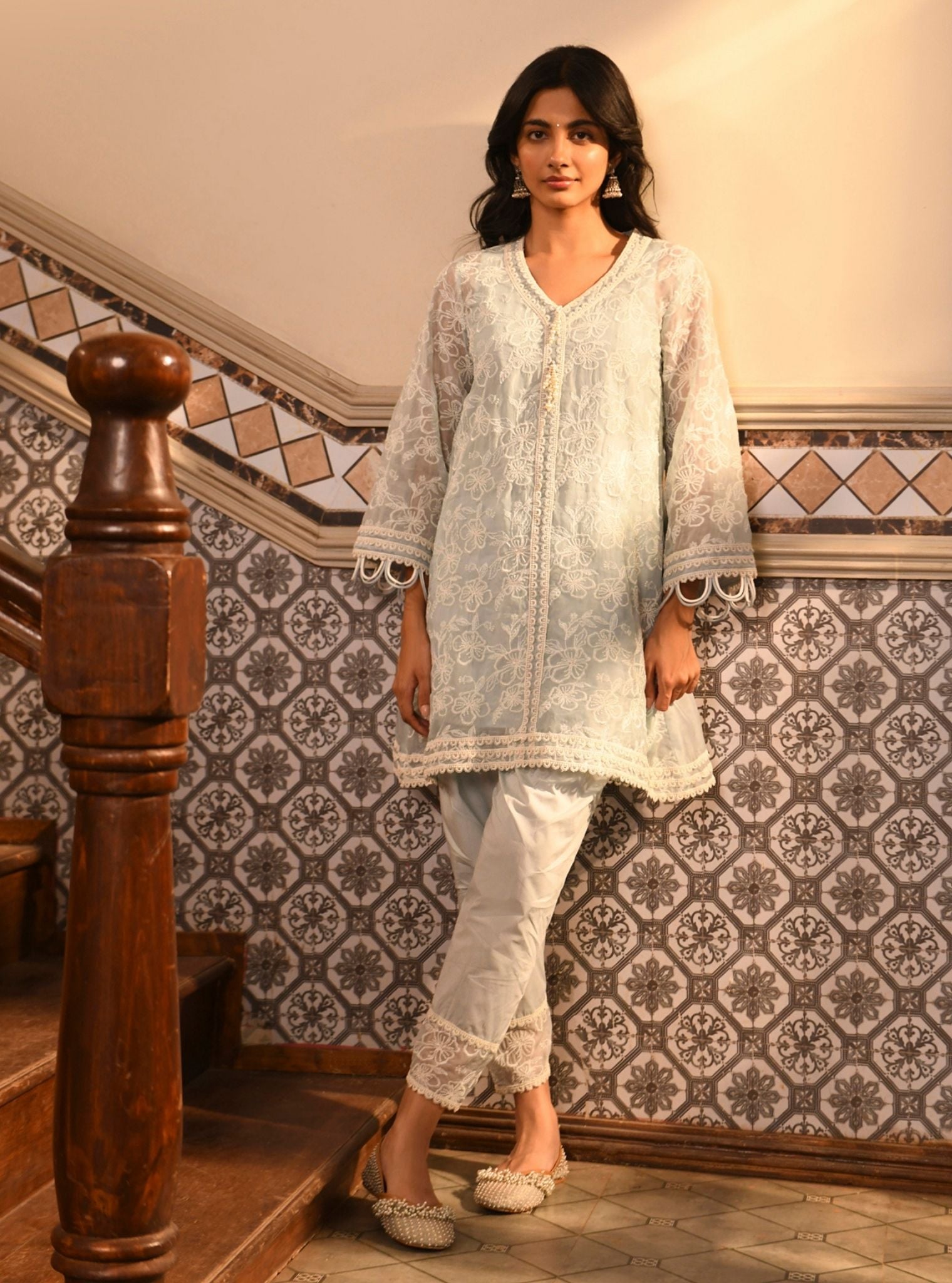 Mulmul Organza Alma Light Blue Kurta With Mulmul Cotton Alma Light Blue Pant