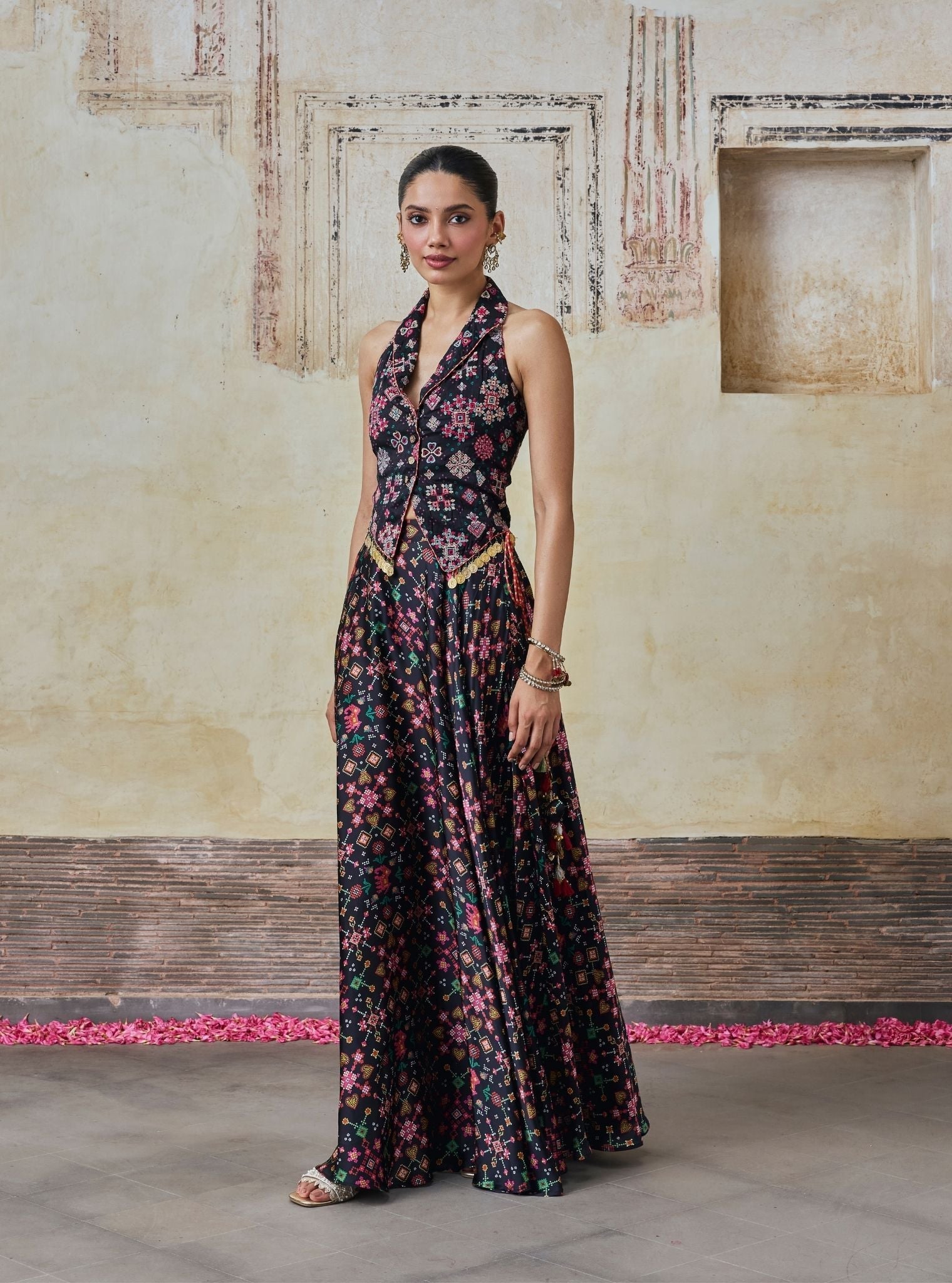 Sarangni Bemberg Raw Silk Printed Black Waistcoat & Skirt Set