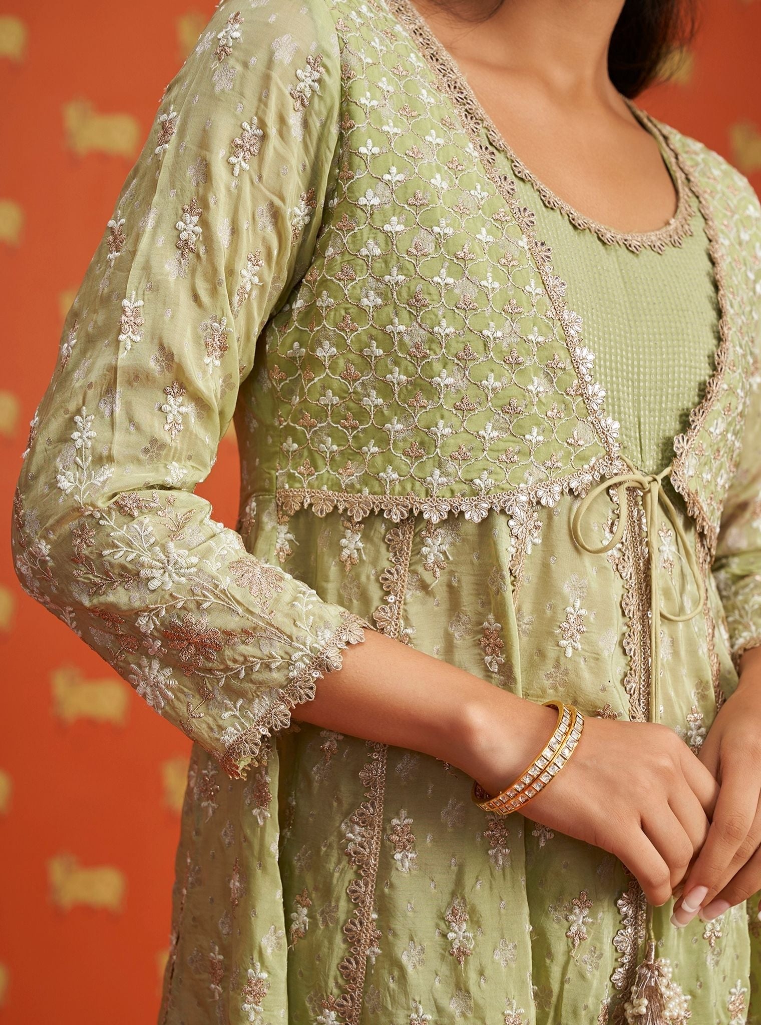 Nyah Banarsi Green Short Anarkali Kurta Set