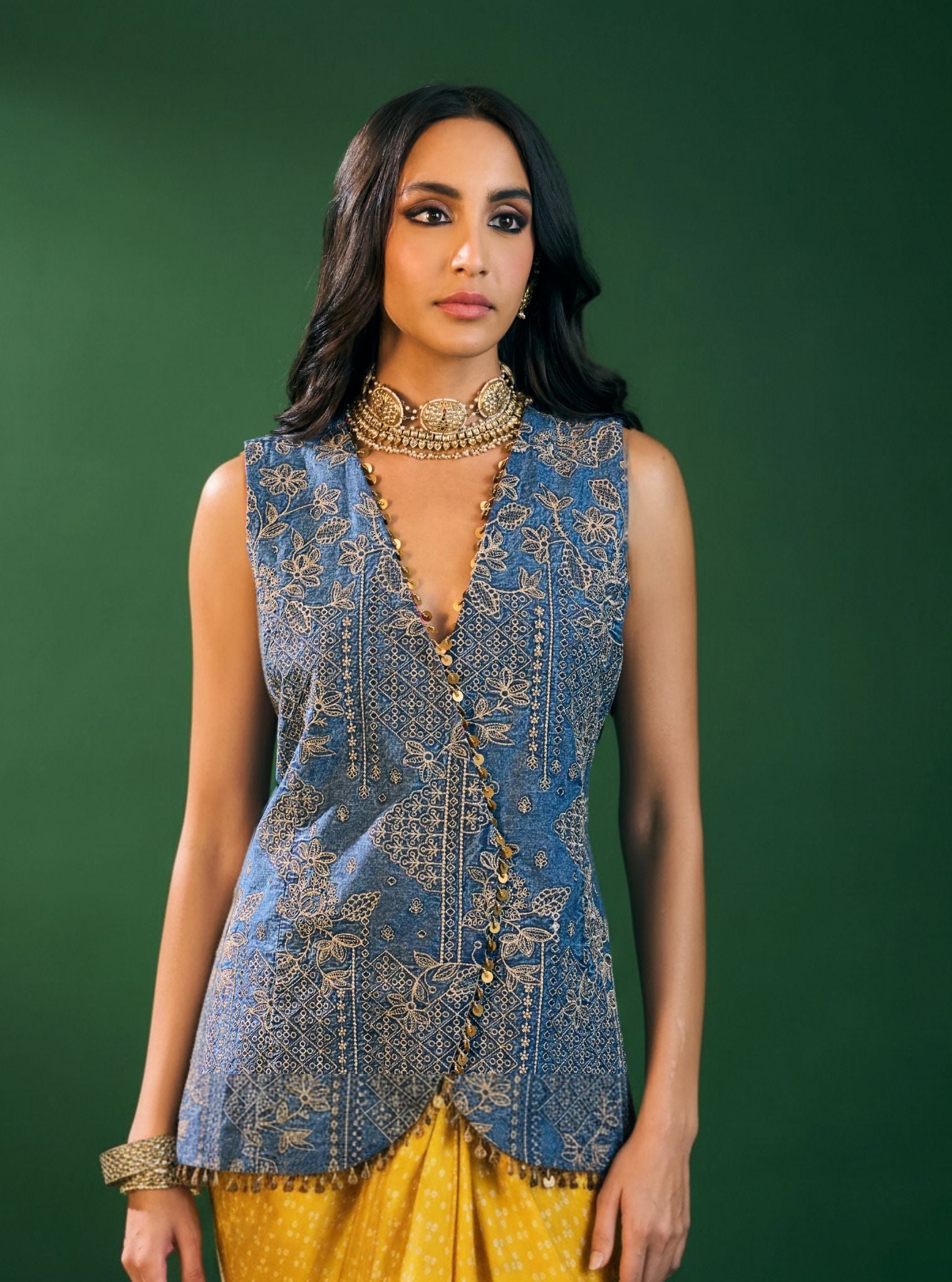 Lunira Denim Waistcoat With Cupro Satin Printed Mustard Draped Skirt