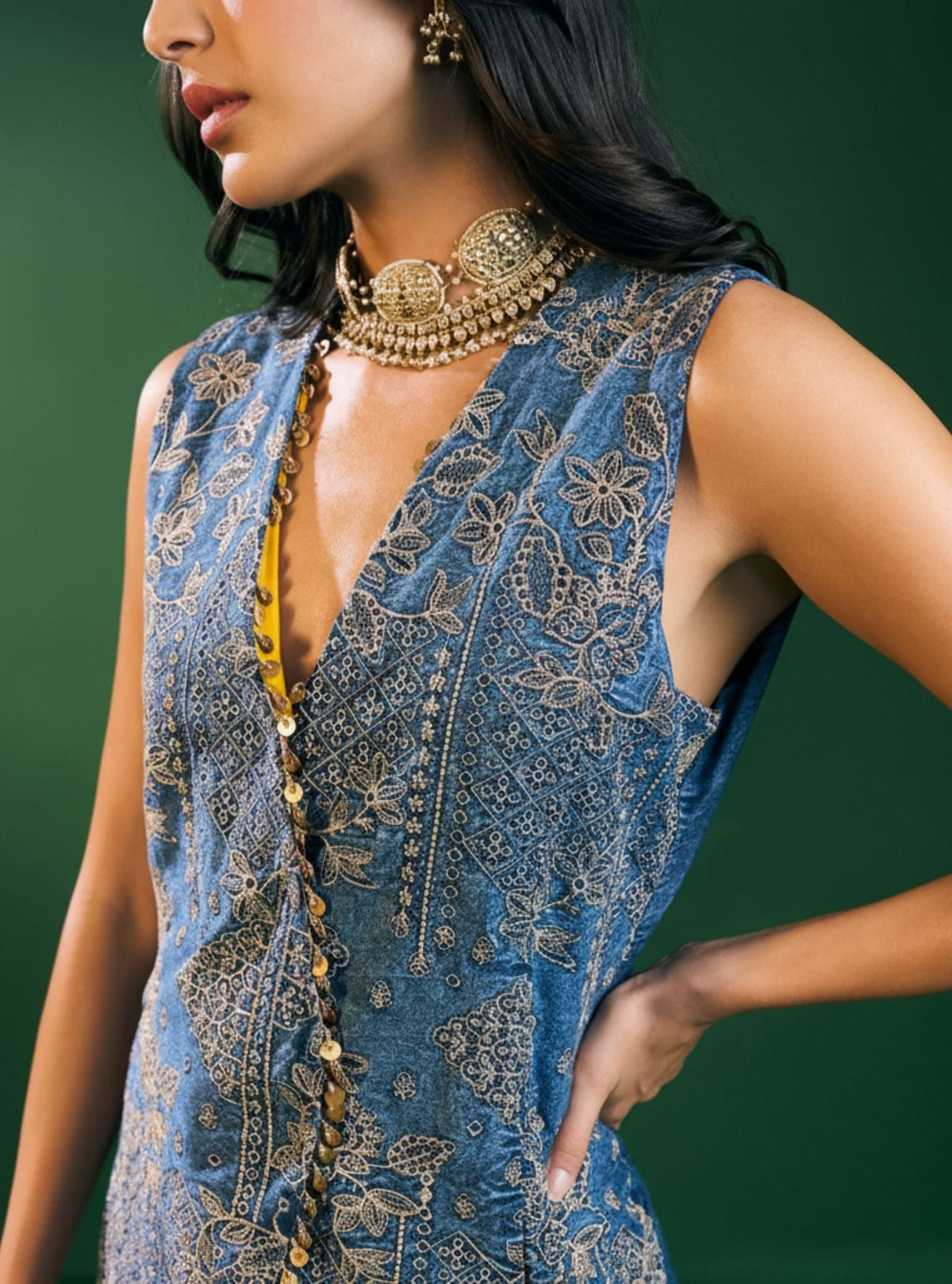 Lunira Denim Waistcoat With Cupro Satin Printed Mustard Draped Skirt