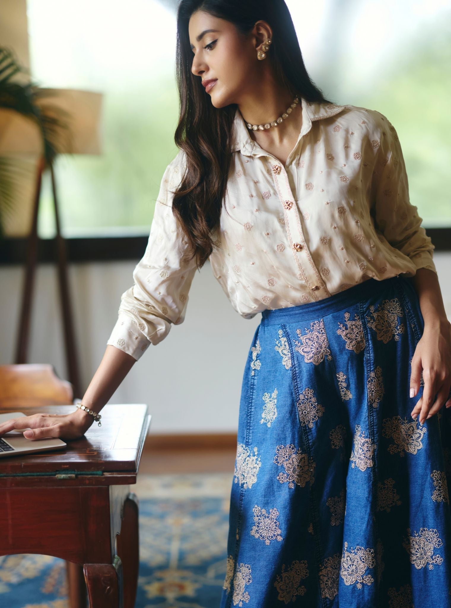 Mireya Cupro Satin Denim Sharara Set