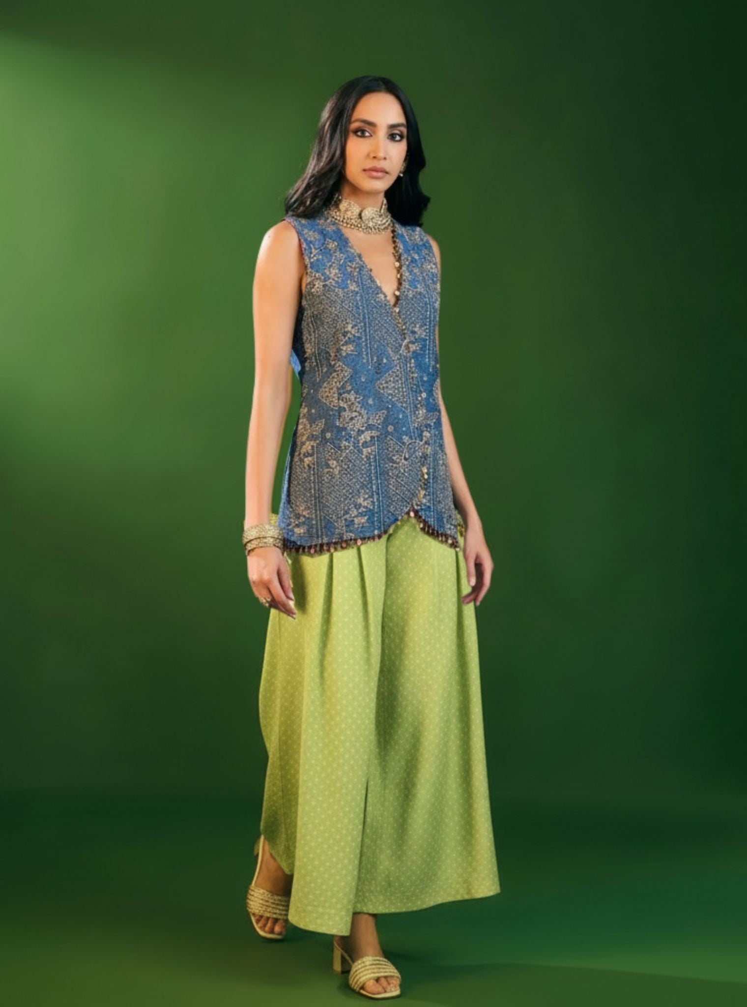 Lunira Denim Waistcoat With Cupro Satin Printed Sage Green Pant