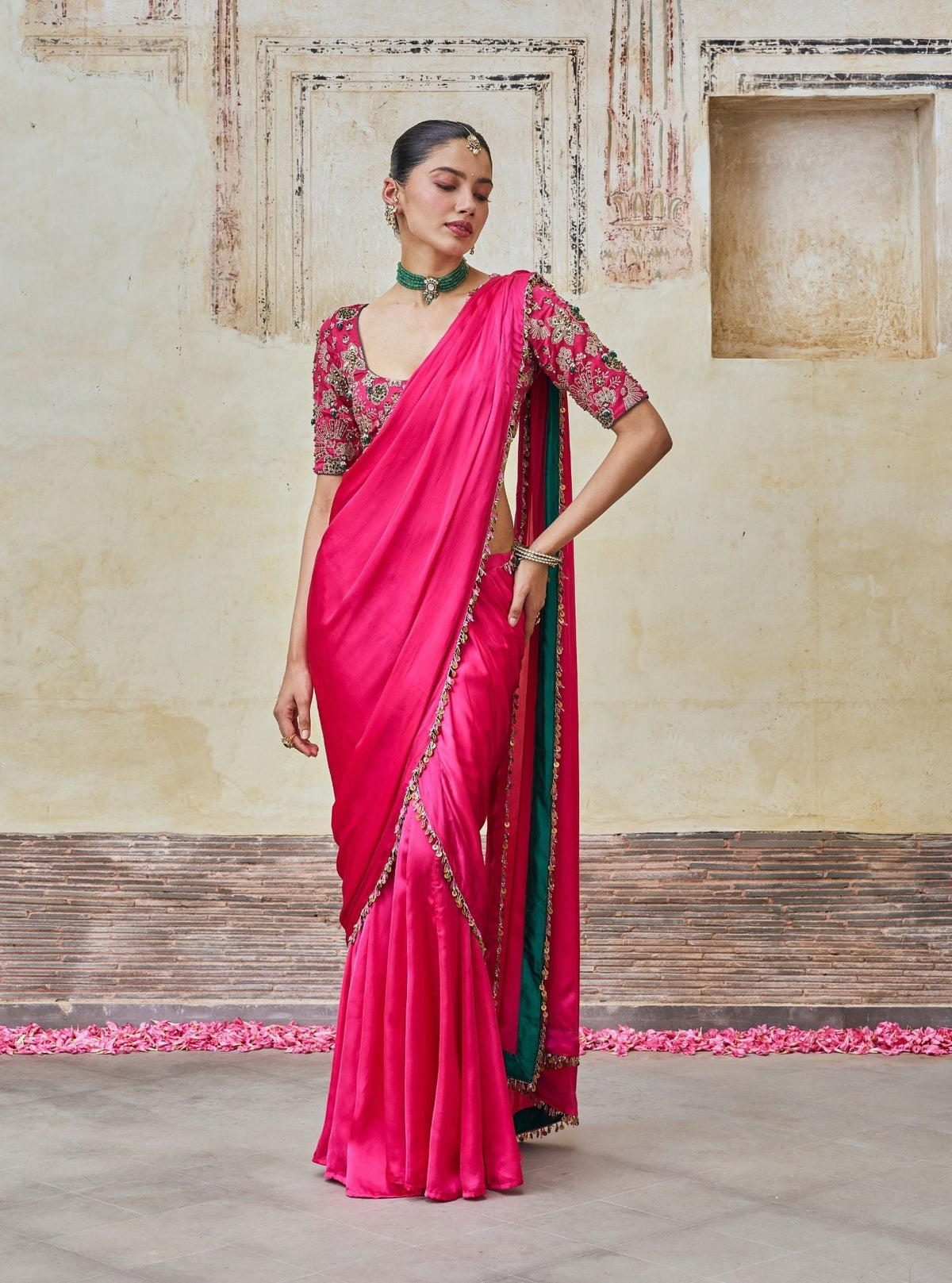 Saawari Cupro Satin Fuchsia Pre-draped Saree