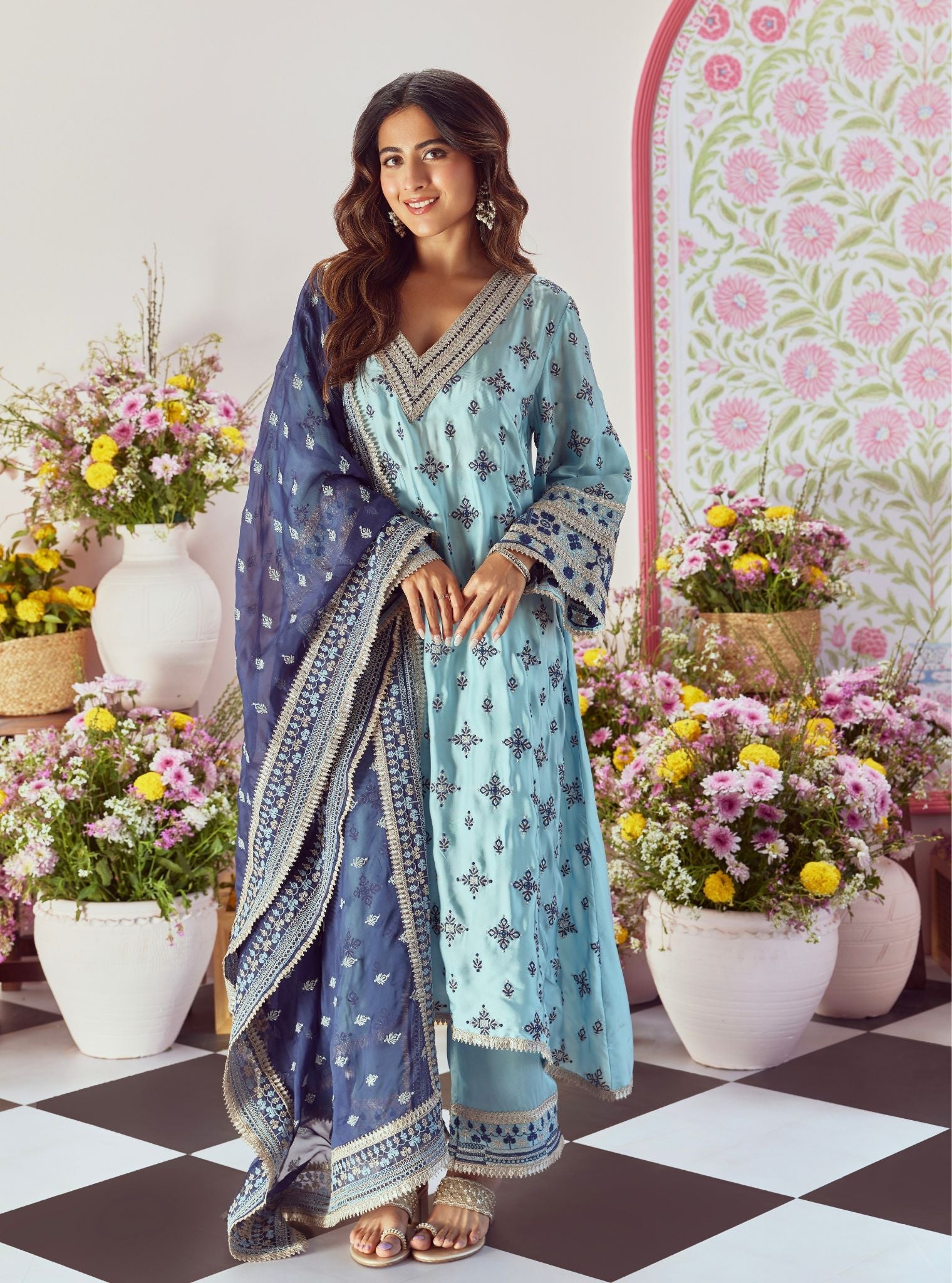 Mulmul Cupro Satin Anni Blue Kurta With Mulmul Cupro Satin Anni Blue Pant