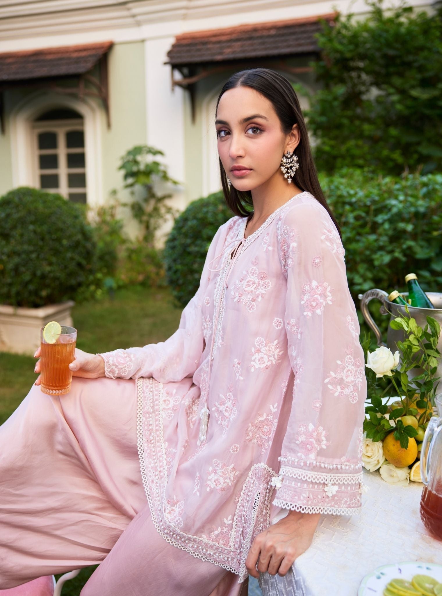 Zeni Organza Dusty Pink Kurta With Draped Cupro Pants