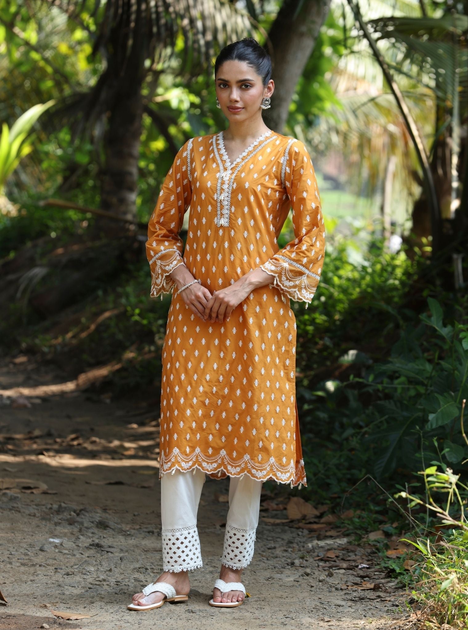 Mulmul Cotton Nivi Orange Kurta With Mulmul Cotton Yuna White Pant